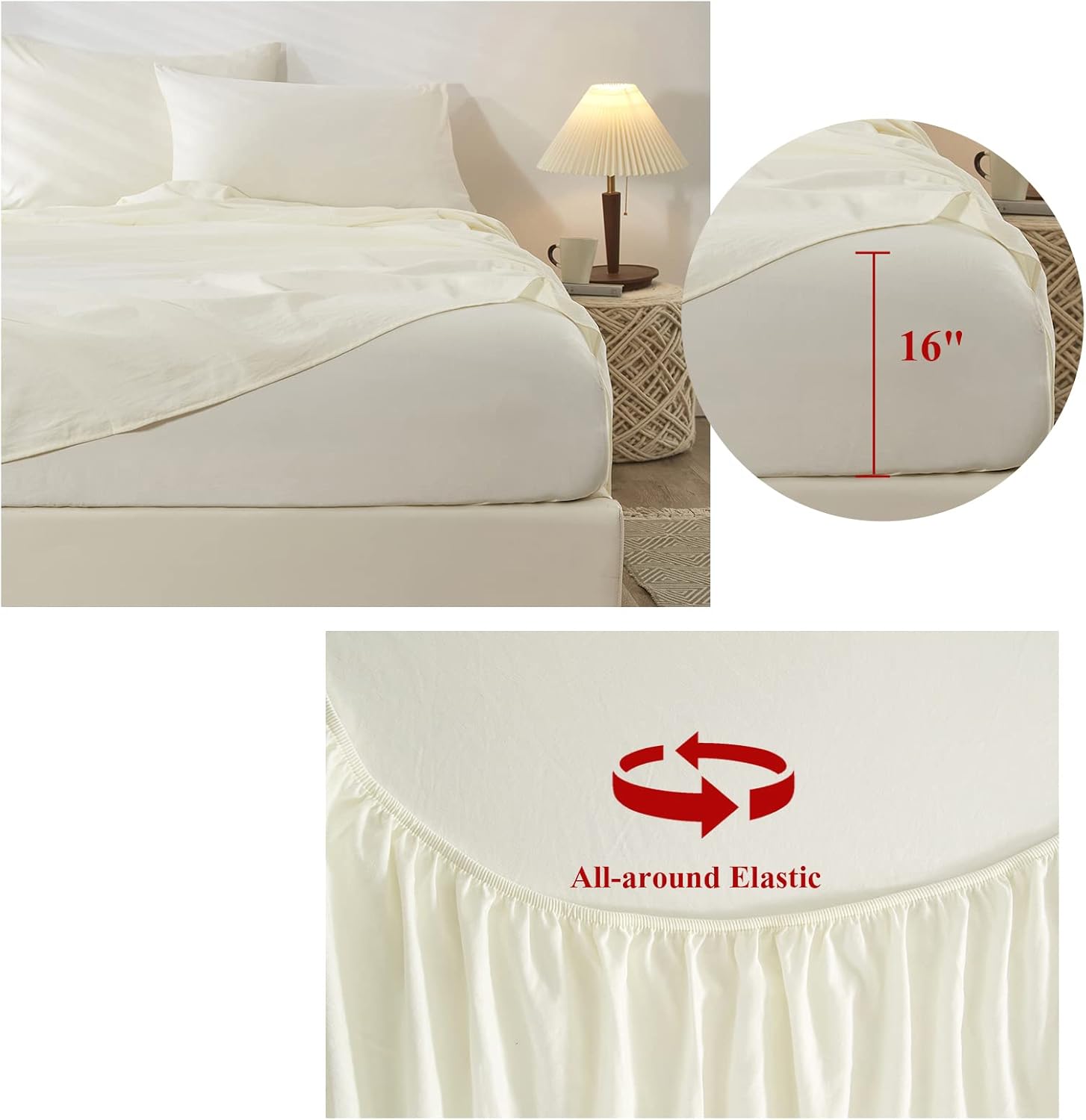 Juego de sábanas refrescantes de 3 piezas de color blanco crema, juego de sábanas y fundas de almohada transpirables, bolsillos profundos de fácil
