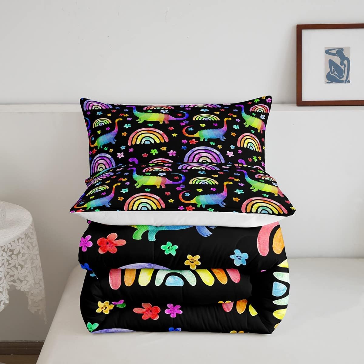 Erosebridal Juego de ropa de cama de dinosaurio para niños, juego de edredón de arcoíris para niñas, juego de edredón de flores coloridas, juegos de