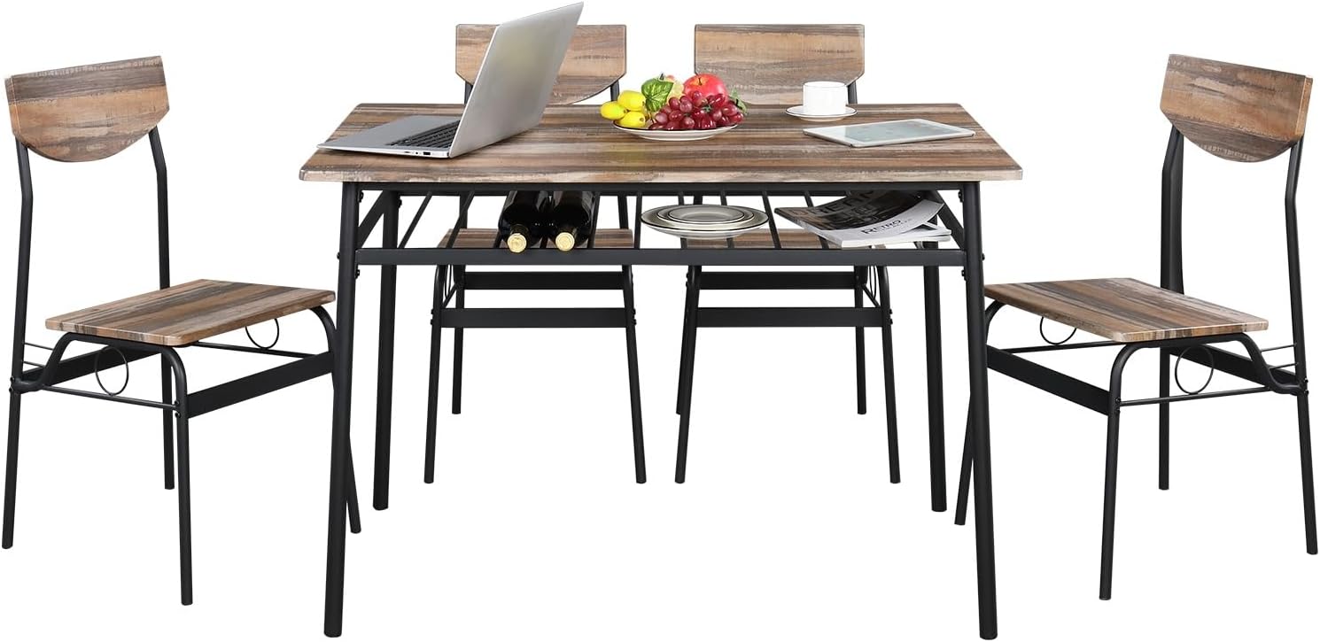 KEPOOMAN Juego de mesa de comedor de 5 piezas, mesa de cocina de metal y madera con estante de almacenamiento y 4 sillas, sillas de cocina