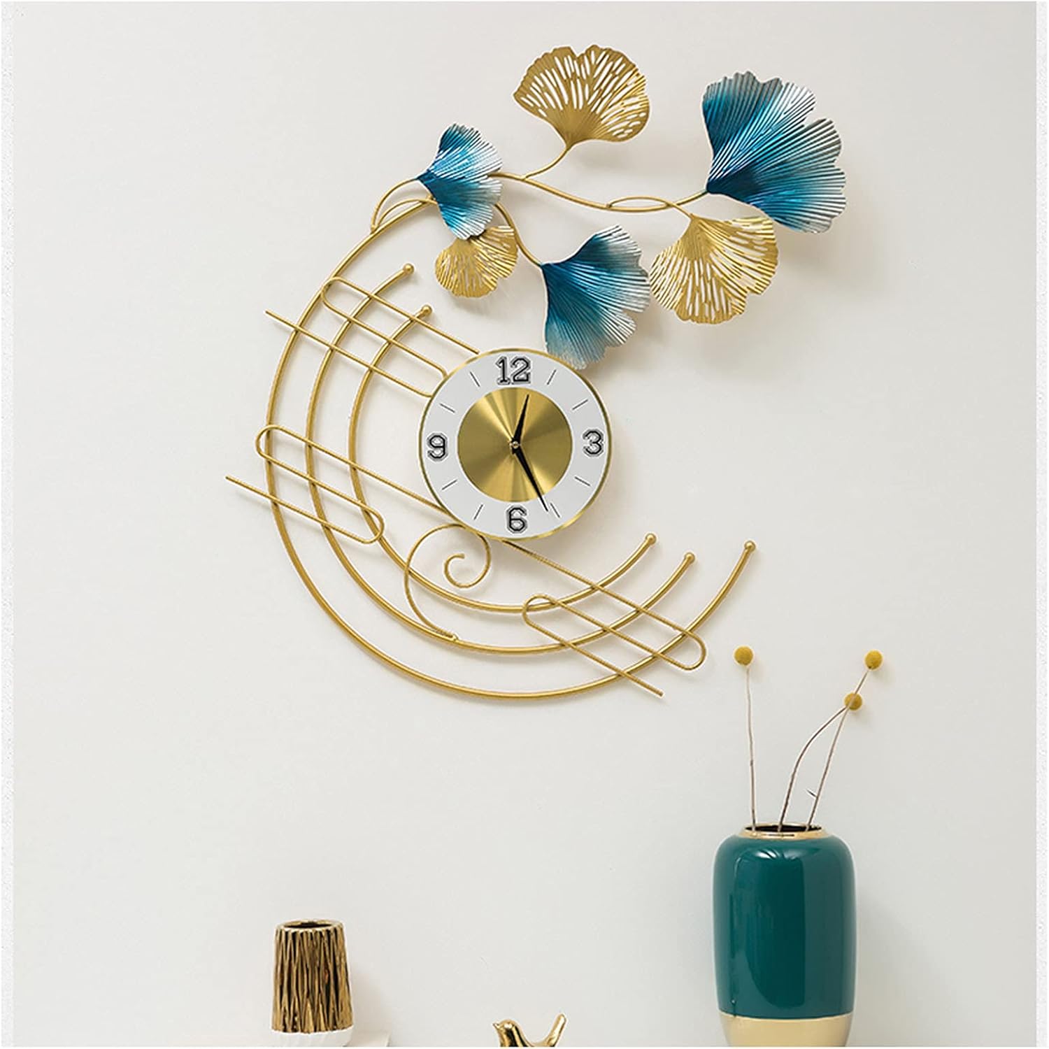 Wall Clock Modern Art Clock Large Metal Clock for Living Room, Modern Ginkgo Leaf Style 3D Art Decorative Gold Quartz Round Shape Silent Movement