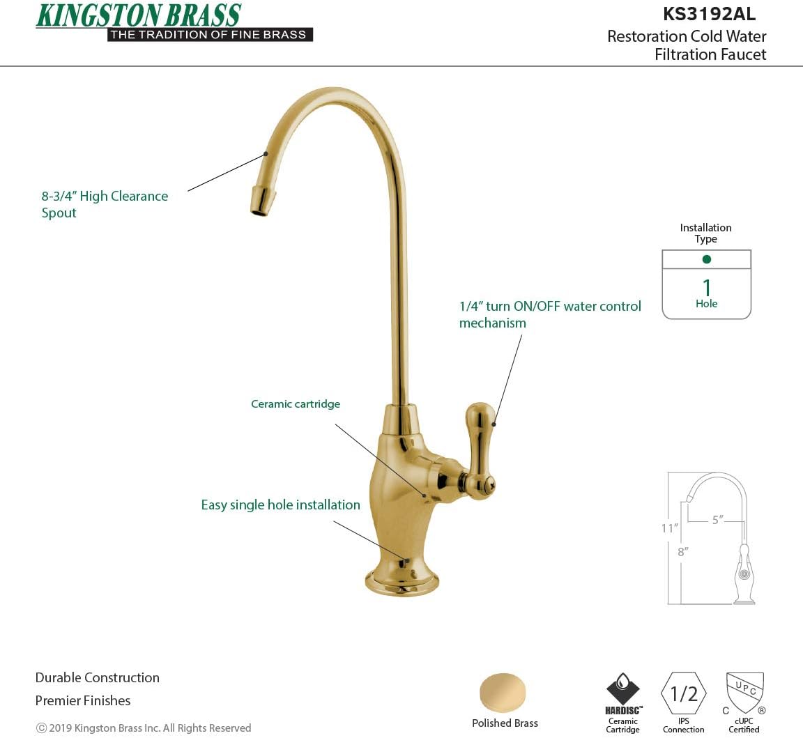 Kingston Brass Gourmetier KS3192AL – Grifo de filtración de agua de un solo mango, latón pulido, 10.81 x 4.63 x 1.75 pulgadas