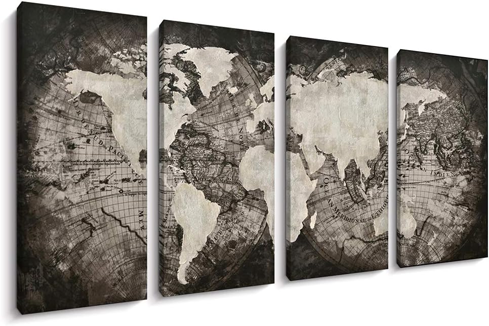 Juego de 4 paneles de mapa del mundo grande, lienzo de arte para pared, lienzo negro con mapa antiguo, decoración de pared, sala de estar (negro, 16