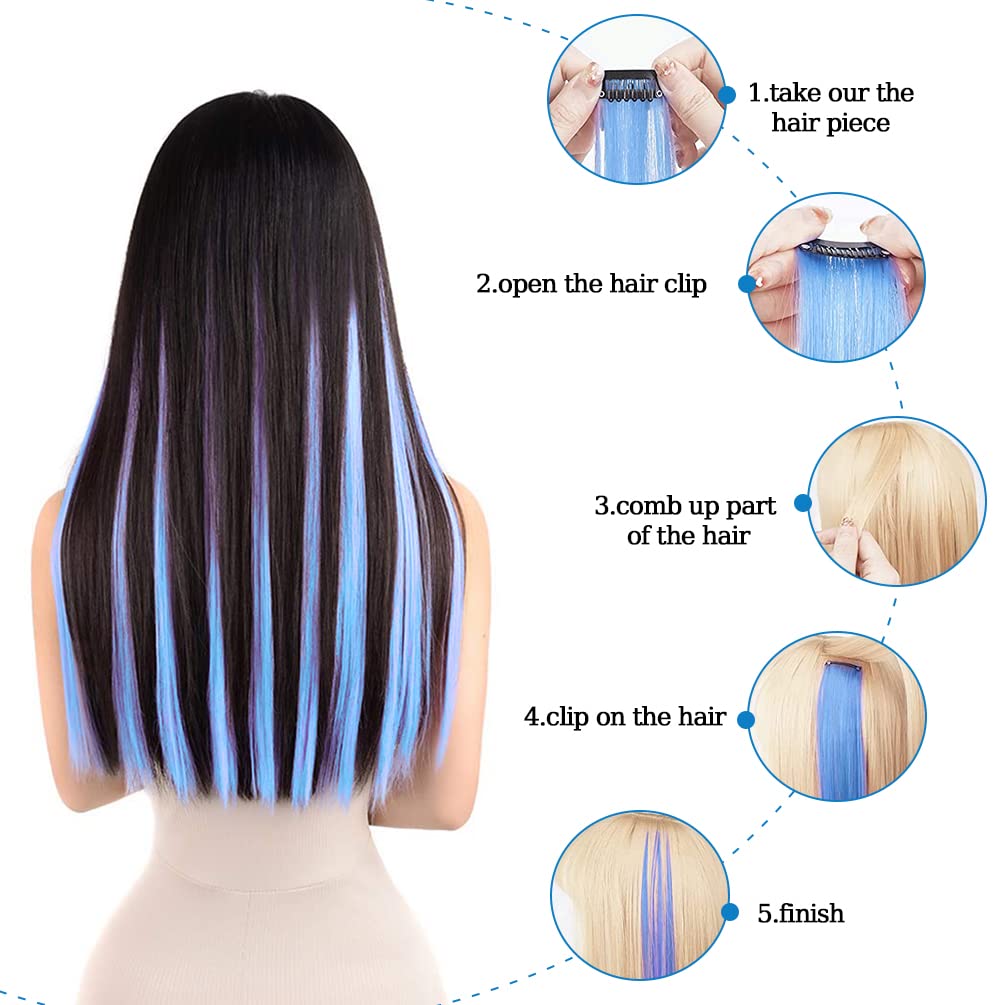 Winsky Extensiones de cabello morado con clip  100% cabello humano real de color para niñas, piezas de cabello de Halloween, 5 piezasjuego (18