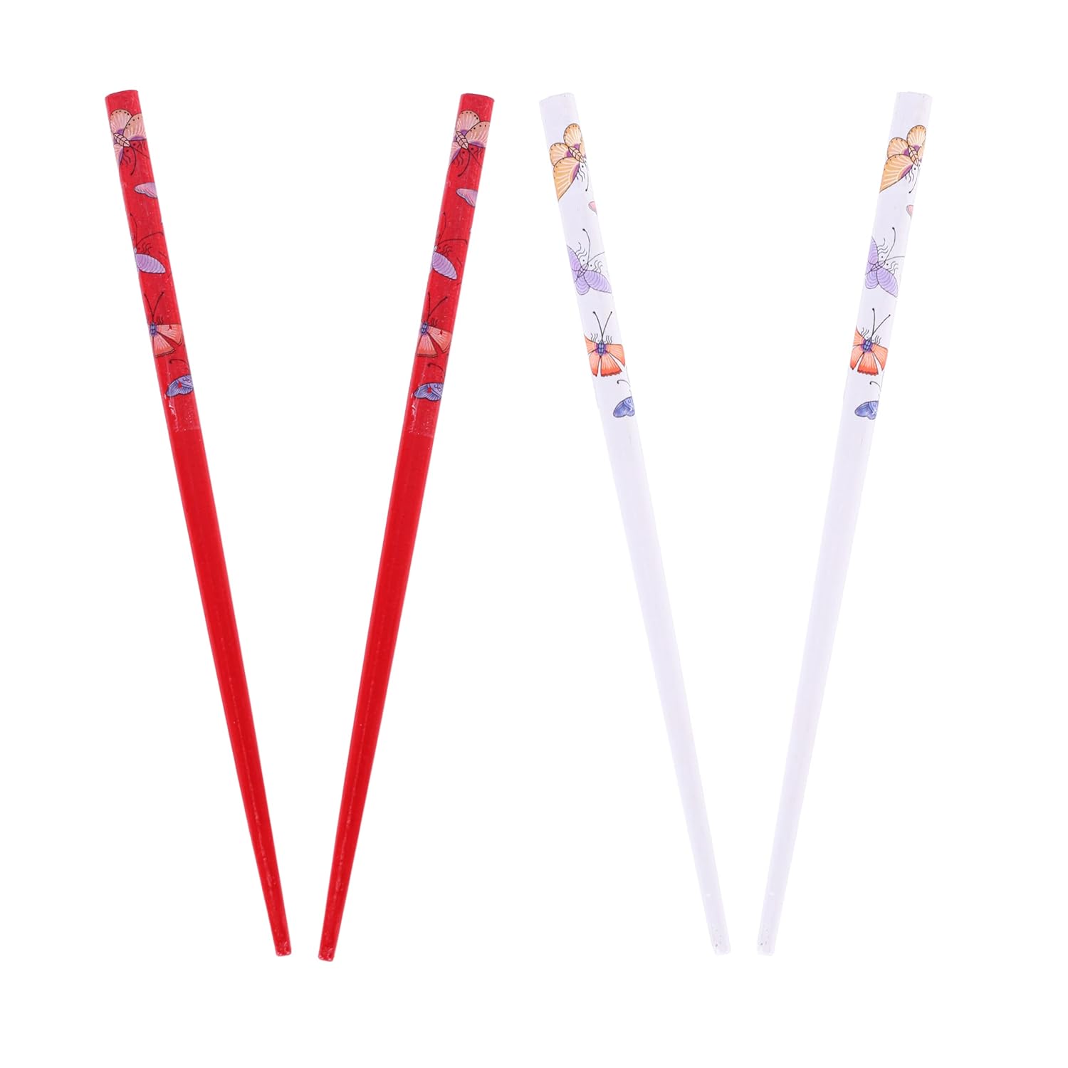 Juego de 4 palillos para el cabello con mariposas, color rojo y blanco