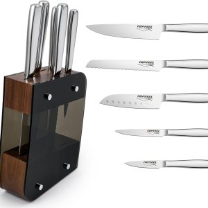 Topfeel Juego de cuchillos para cocina con bloque, juego de cuchillos afilados de 6 piezas, acero inoxidable pulido espejo de alto carbono, juego de Topfeel Juego de cuchillos para cocina con bloque, juego de cuchillos afilados de 6 piezas, acero inoxidable pulido espejo de alto carbono, juego de