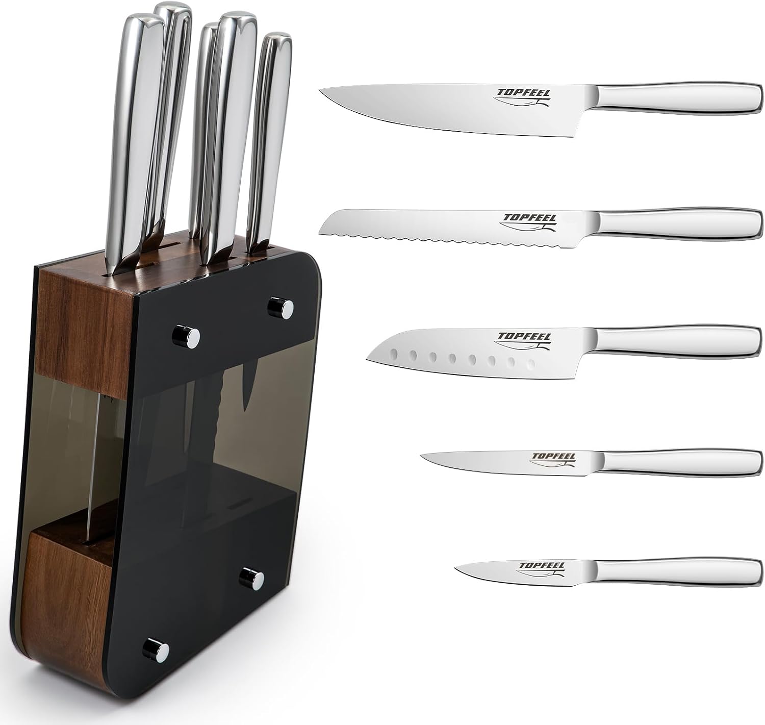 Topfeel Juego de cuchillos para cocina con bloque, juego de cuchillos afilados de 6 piezas, acero inoxidable pulido espejo de alto carbono, juego de