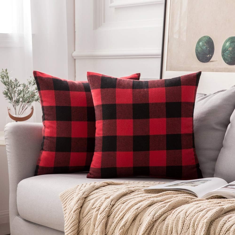 MIULEE – Paquete de 2 fundas de almohada decorativas clásicas de Navidad a cuadros retro de lino de poliéster suave sólido negro y rojo para