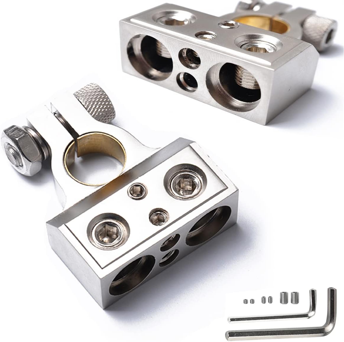 Juego de conectores de terminales de batería, cable doble calibre 10 y cable de calibre 8 positivo o negativo con anillos adaptadores (1 par)