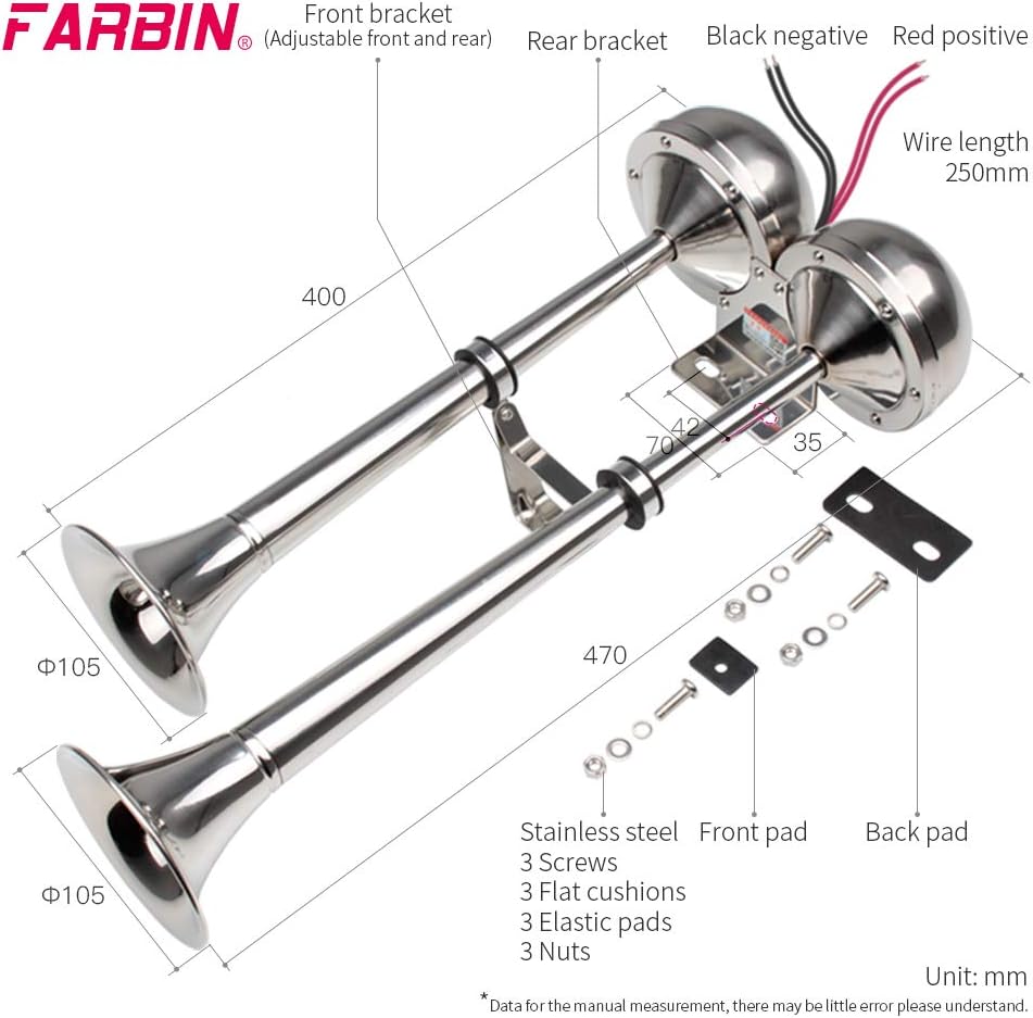 FARBIN Bocinas de barco marino de 24 V, trompeta doble de acero inoxidable, bocina eléctrica con soporte de montaje, para lanchas de carga de 24 V,