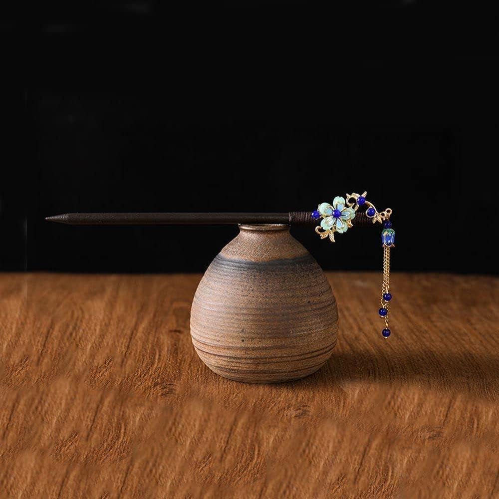 Tustao Palo de pelo japonés chino azul retro horquilla de madera flor palillos vintage borla pelo palo boda fiesta pelo palo Hanfu horquillas