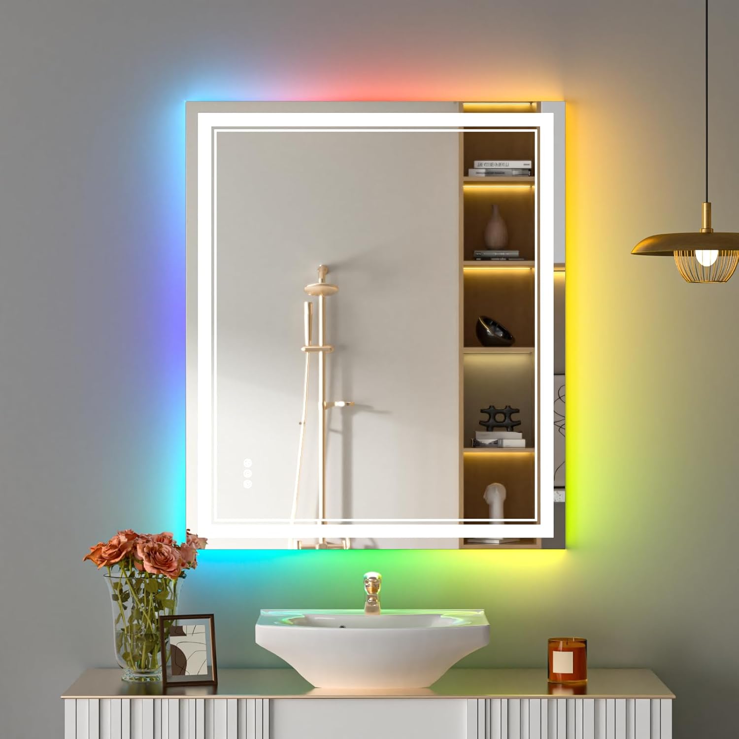 Espejo de baño LED RGB de 30 x 36 pulgadas con luces, espejo LED RGB retroiluminado que cambia de color para baño, espejos de tocador iluminados