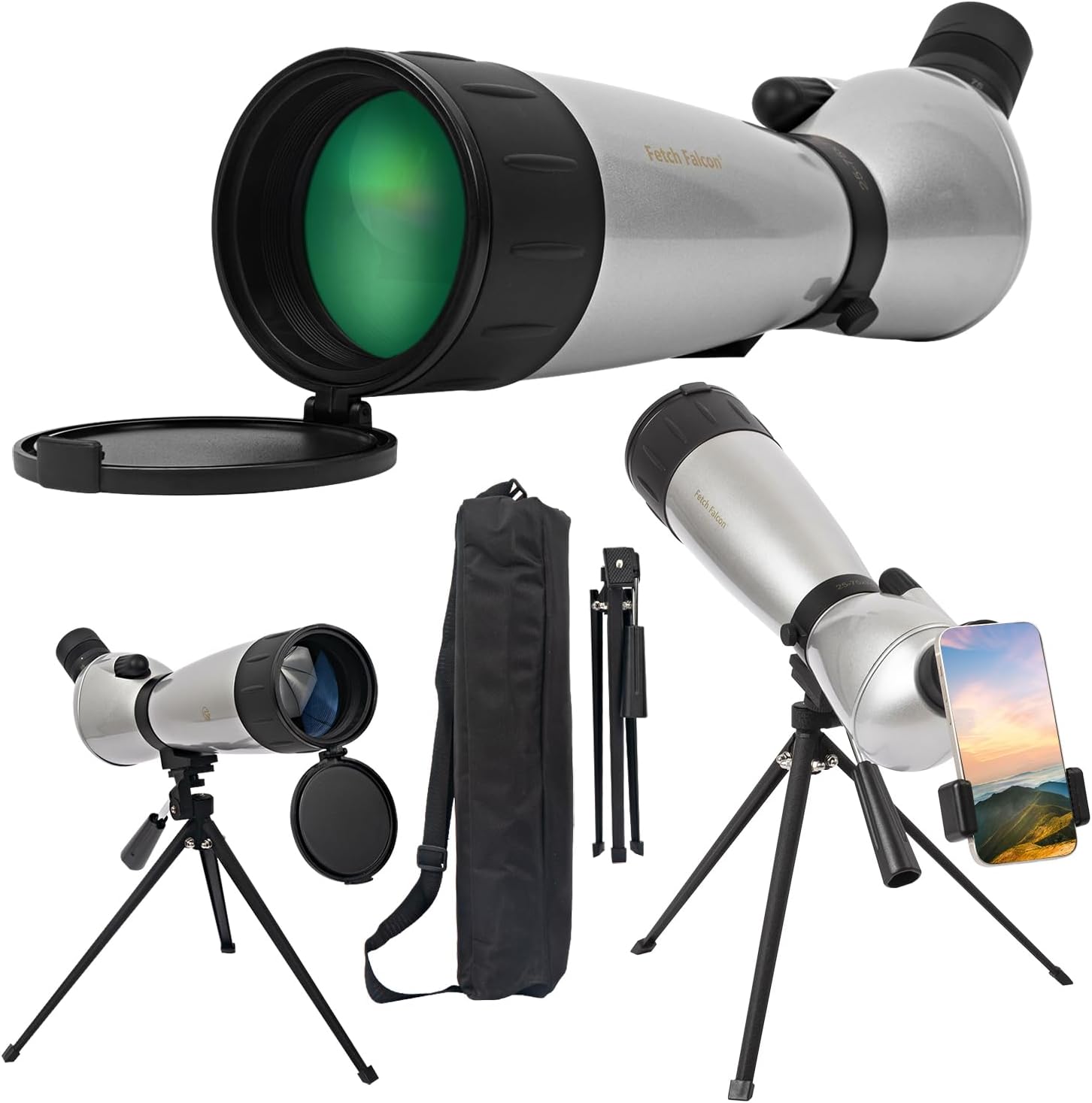 Fetch Falcon 25-75X75 FMC HD Spotting Scope (resistente al agua de largo alcance) con adaptador de teléfono trípode de metal y bolsa de transporte