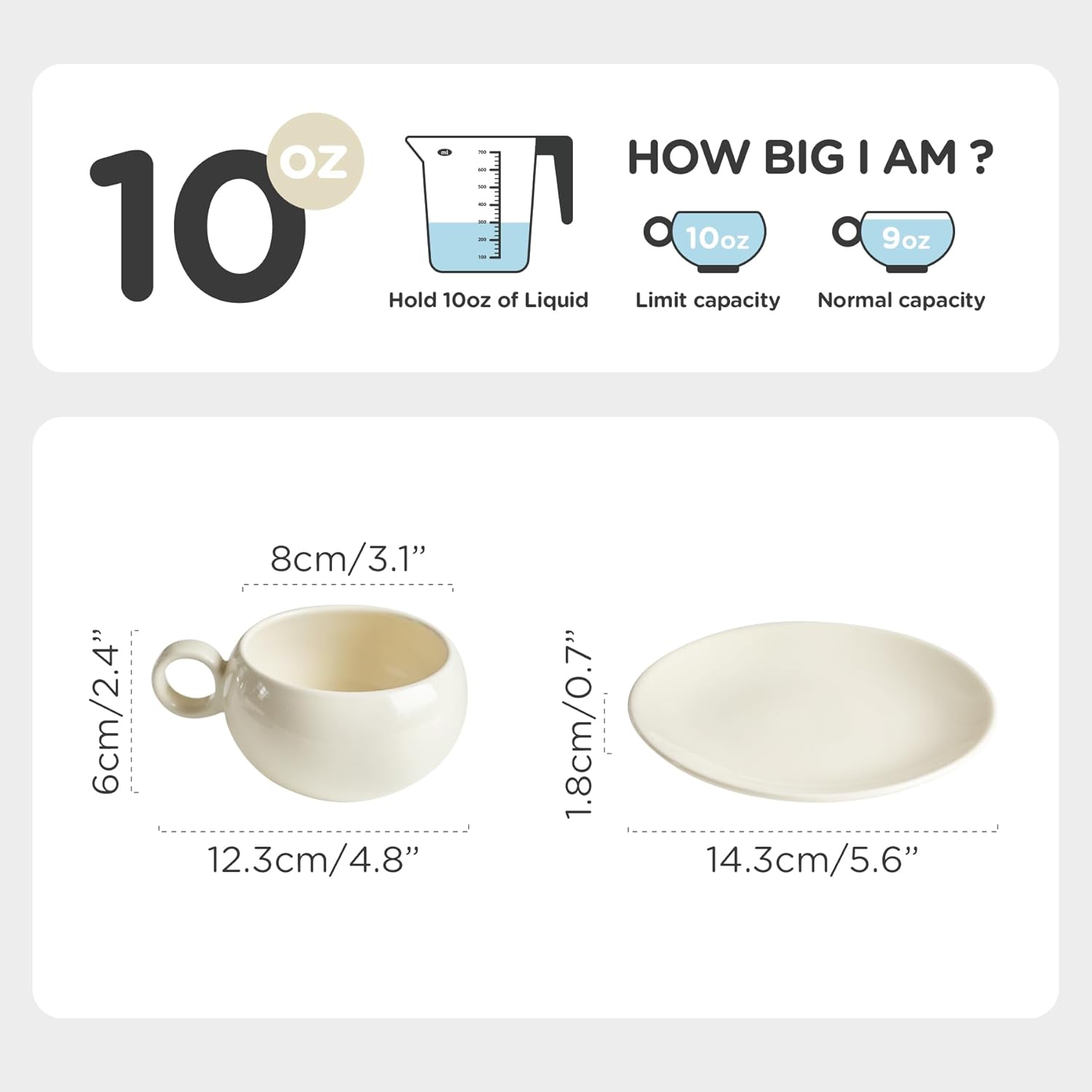 Taza de café de cerámica con platillo, 9 onzas para bebidas de café, café con leche, moca de café, leche y té (2 x crema + 2 x morado)