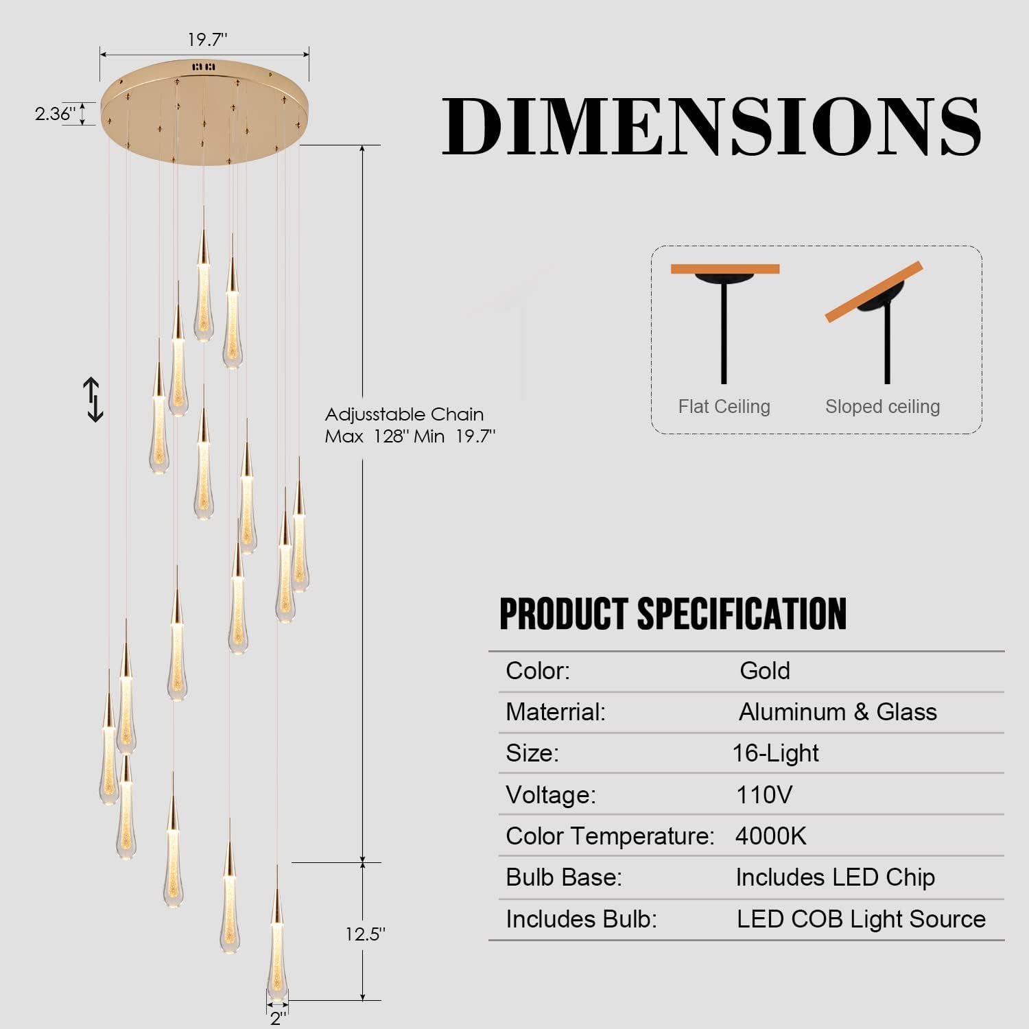 16-Light Gold Staircase Chandelier, Adjustable 128″ High Ceilings Light Fixture Crystal Raindrop Glass Large Long LED Chandeliers for Entryway
