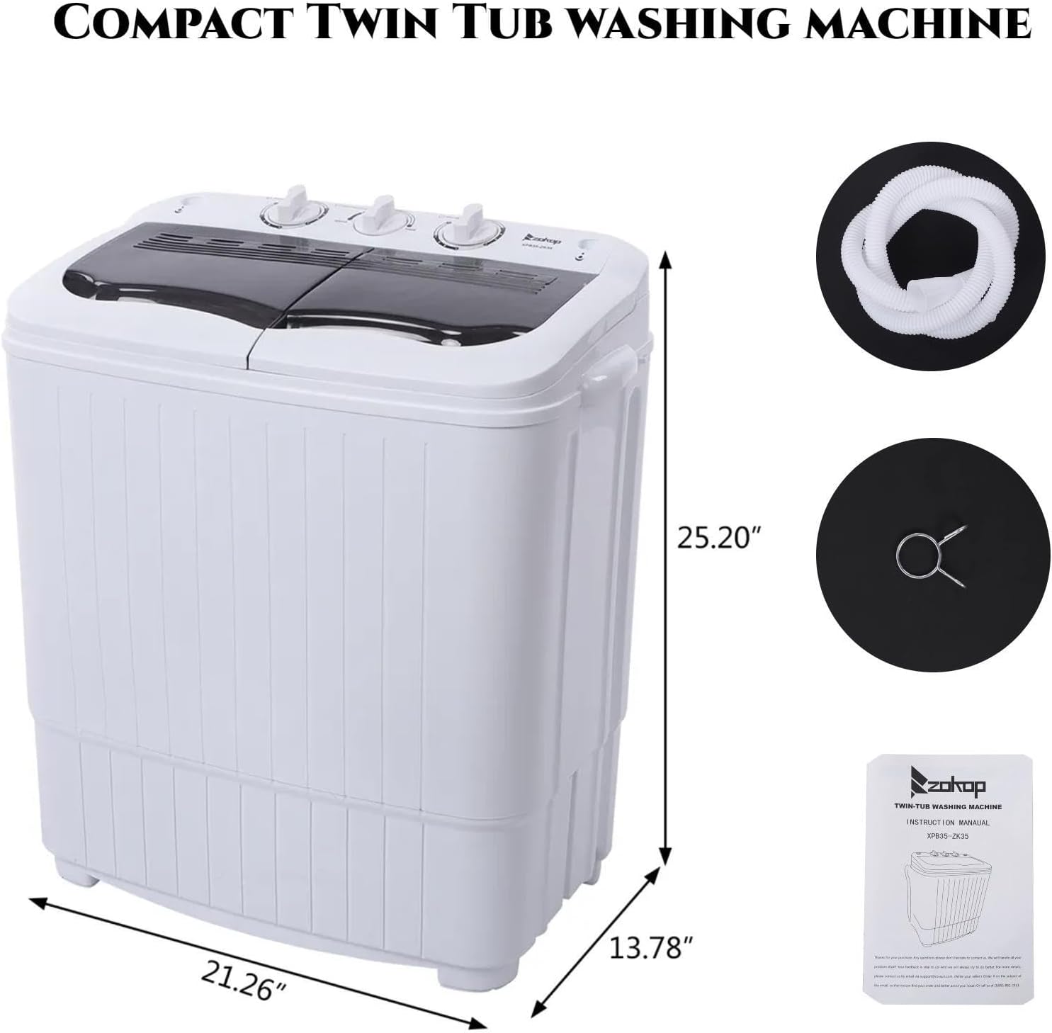 Lavadora portátil compacta con bomba de drenaje incorporada, 14.3 libras, cubierta gris, máquina de lavandería semiautomática para dormitorio de