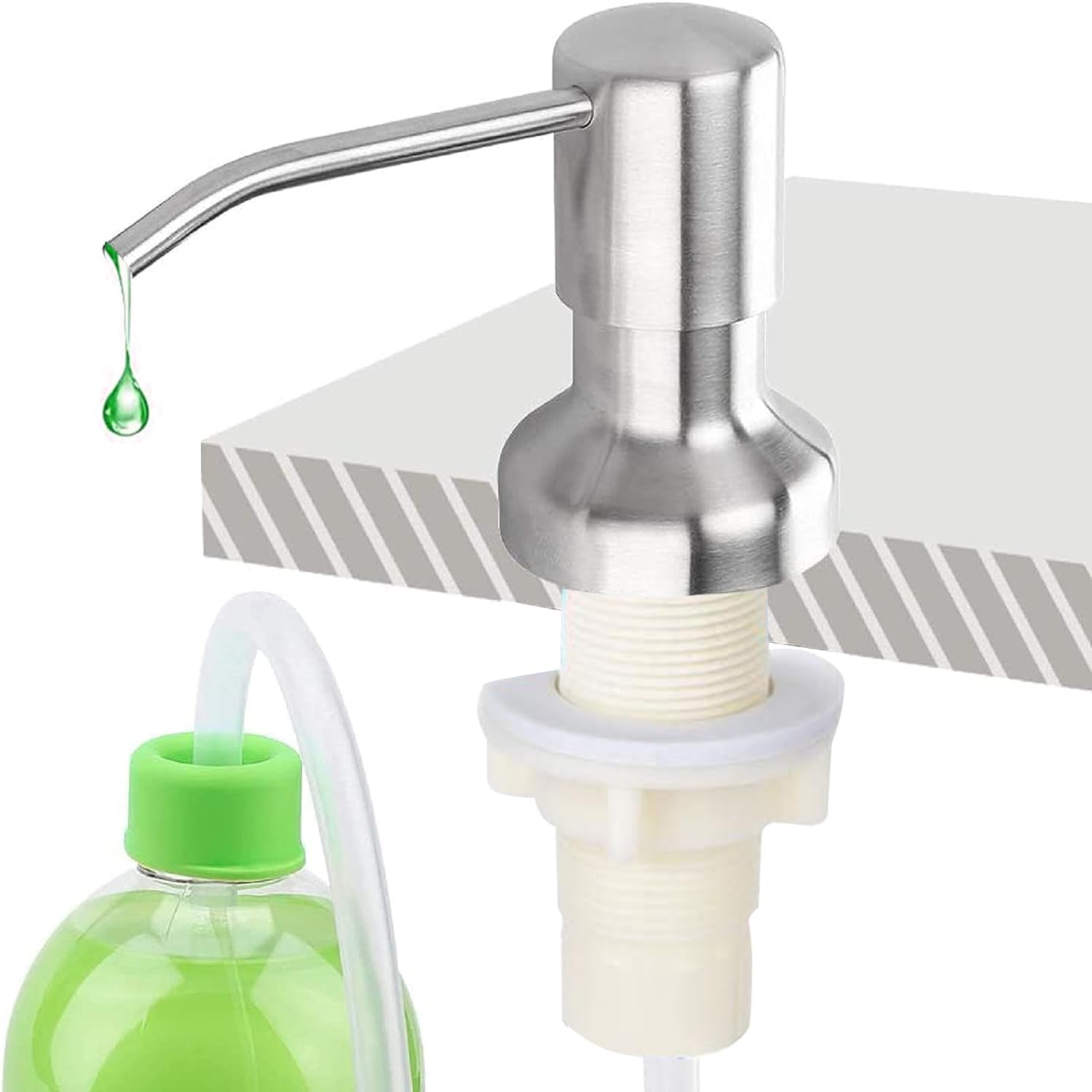 XINHUAYJ Dispensador de jabón para platos para fregadero de cocina, dispensador de jabón integrado de acero inoxidable con kit de tubo de extensión