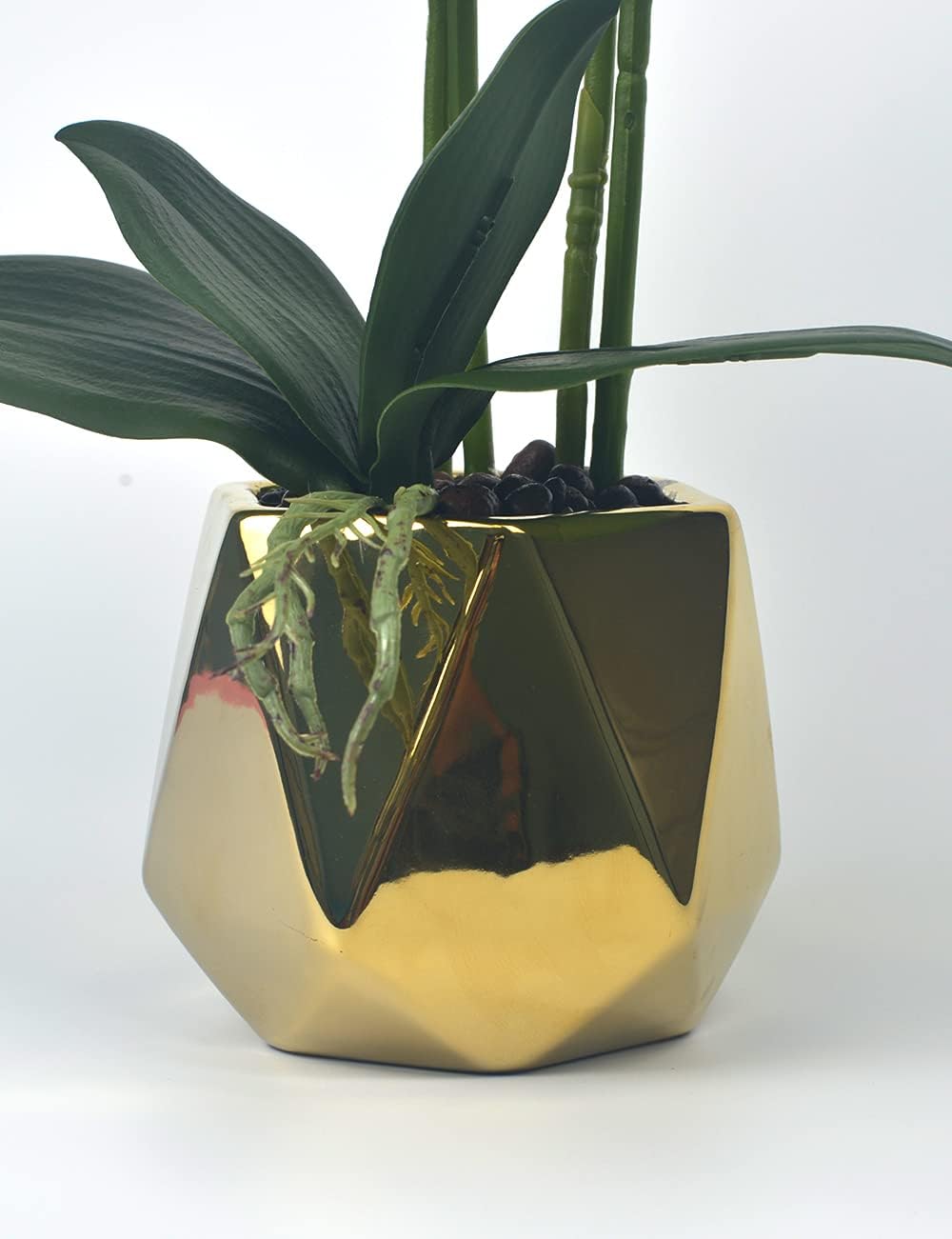 W&W Arreglo de plantas y flores de orquídeas artificiales en maceta de cerámica, orquídea blanca falsa con jarrón dorado, orquídeas falaenopsis