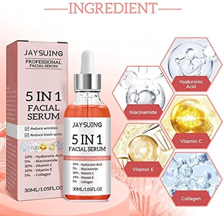 Suero facial 5 en 1, reduce las arrugas, suero corrector de manchas oscuras, suero facial con ácido hialurónico y niacinamida (2 unidades)