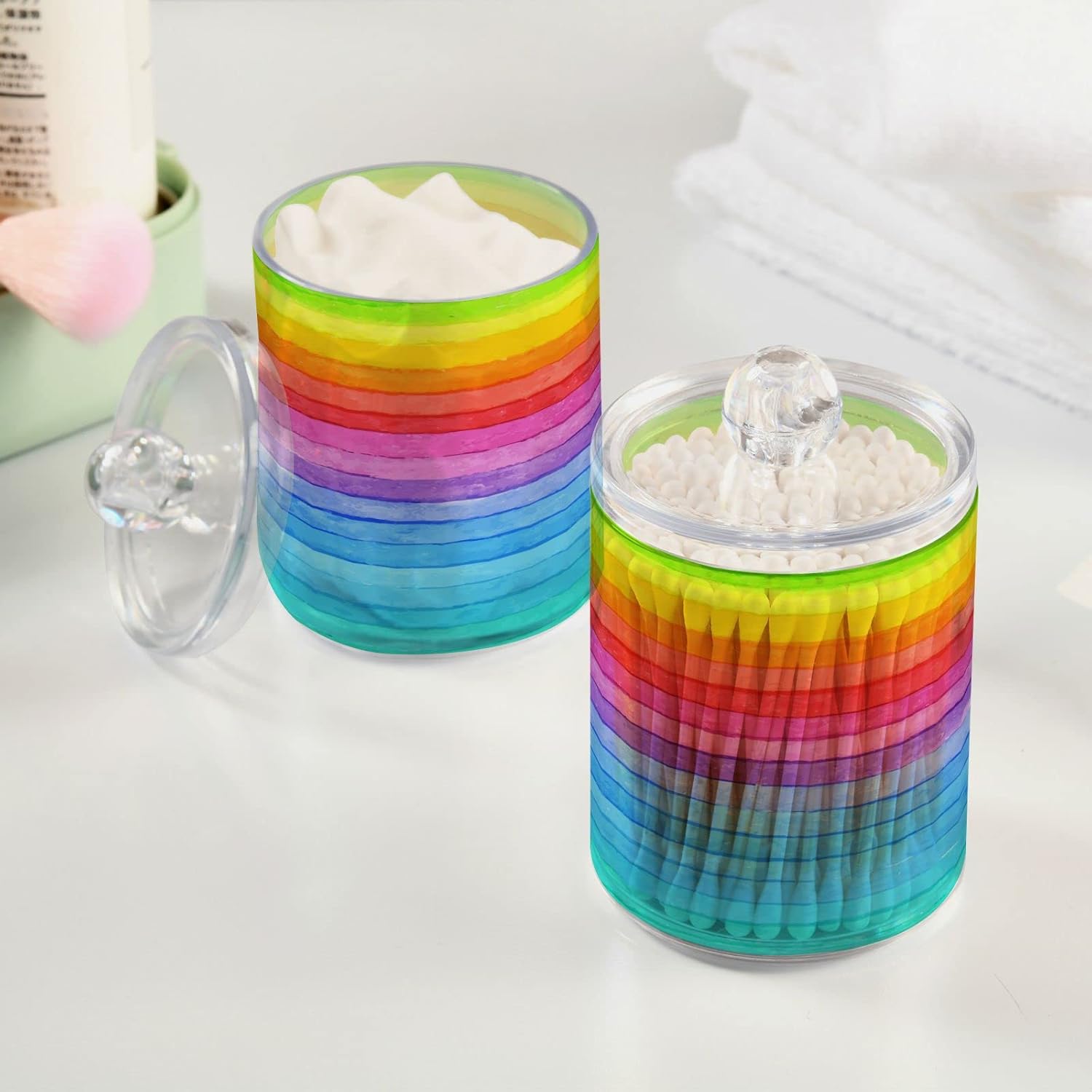 Paquete de 4 soportes dispensadores de arco iris a rayas para baño, organizadores de tocador de baño de plástico transparente con tapas para bola de