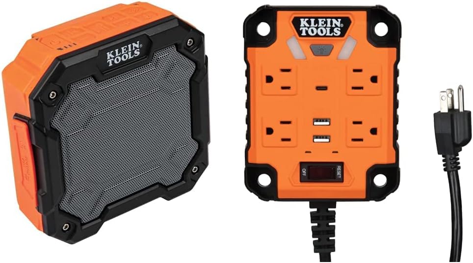 Klein Tools AEPJS3 – Altavoz Bluetooth para sitio de trabajo y regleta magnética 29601 con protector de sobretensión, cable de extensión, 4 tomas, 3