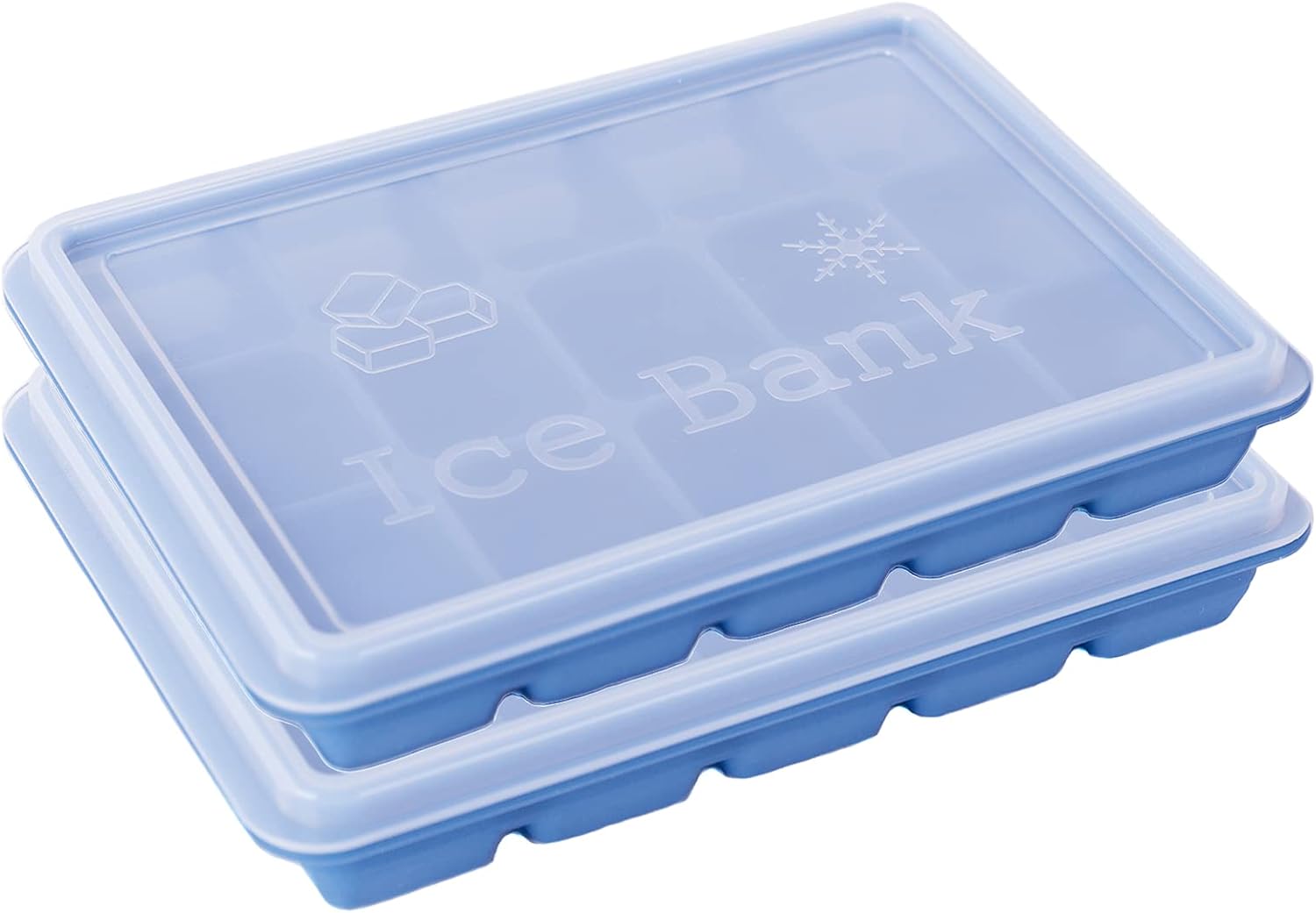 FUN LAVIE Bandejas para cubitos de hielo con tapas, juego de 2 moldes de silicona azul, duraderos, fáciles de liberar y sin BPA