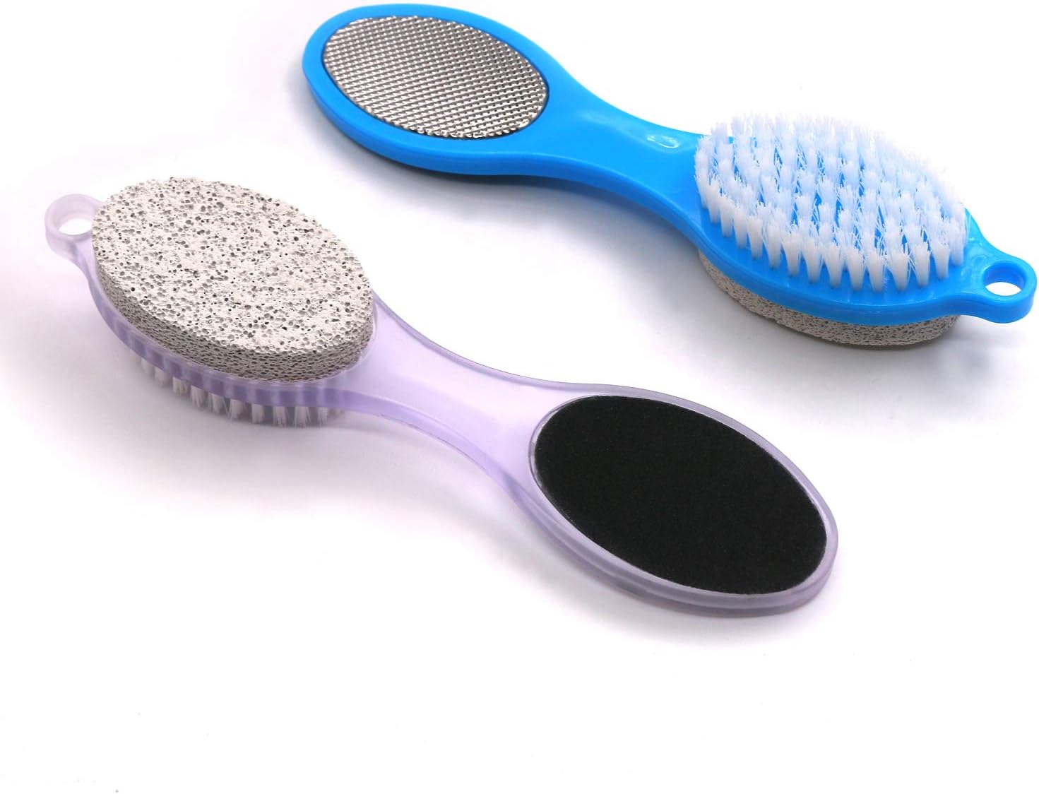 Cepillo de pies y piedra pómez  Paquete de 4 cepillos de pies para ducha, 4 en 1, lima de pedicura para el cuidado de los pies, morado y azul