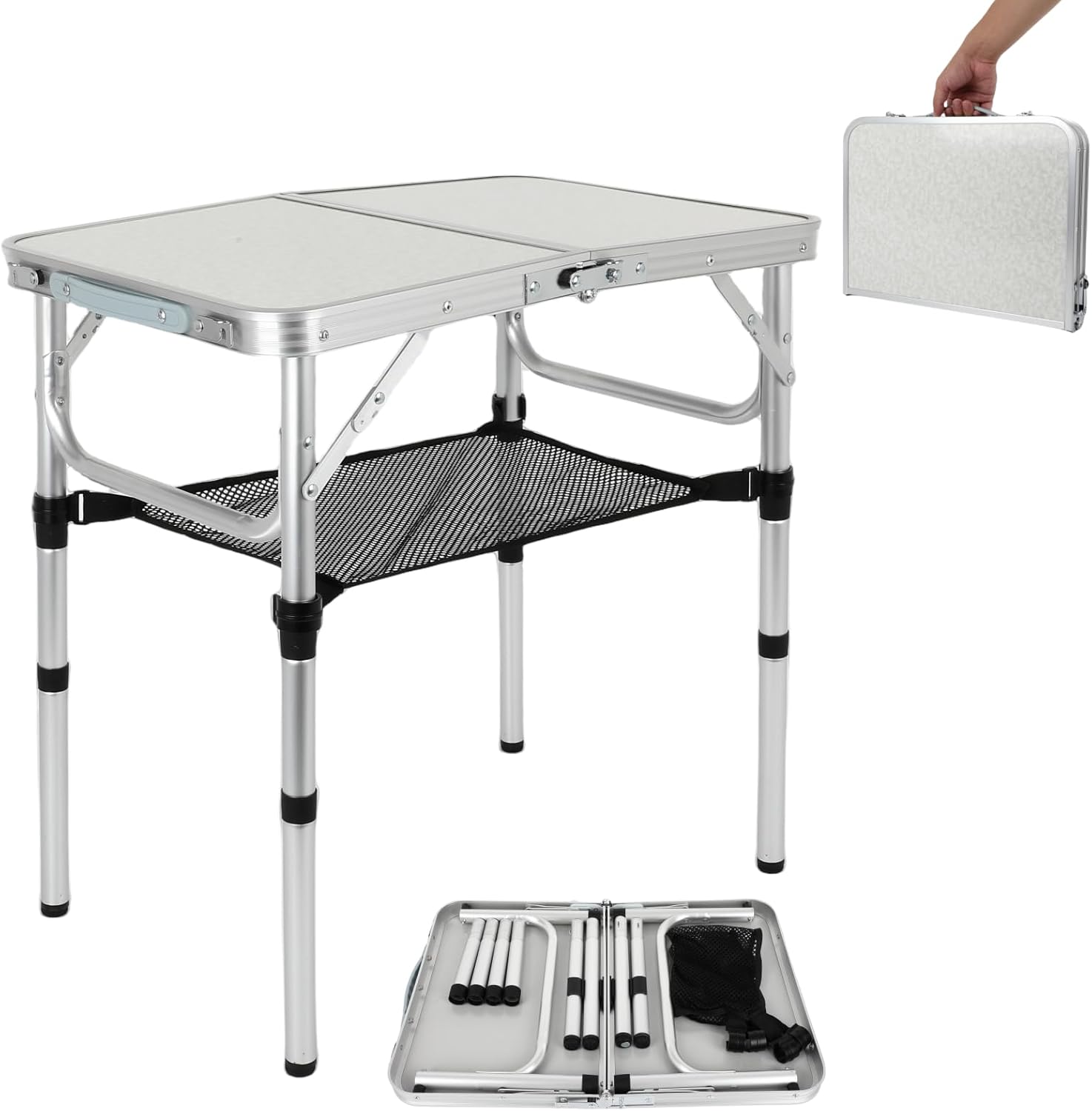 Mesa plegable pequeña con capa de malla, mesa portátil para tarjetas con asa de transporte, altura ajustable de aluminio ligero para campamento al