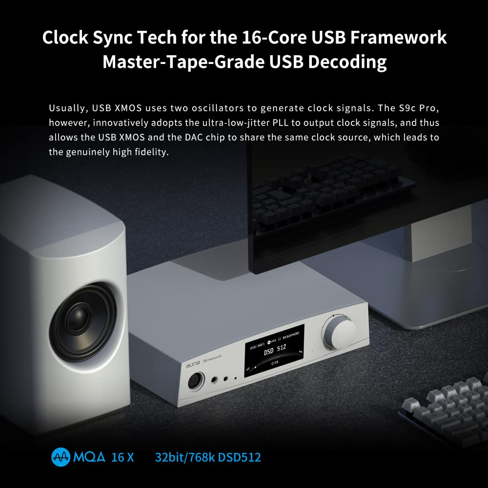 aune S9c Pro DAC con amplificador de auriculares, entrada de reloj de 10 MHz, 32 bits768 kHzDSD512MQA, chip de doble DAC, conector 6.35XLR4.4,