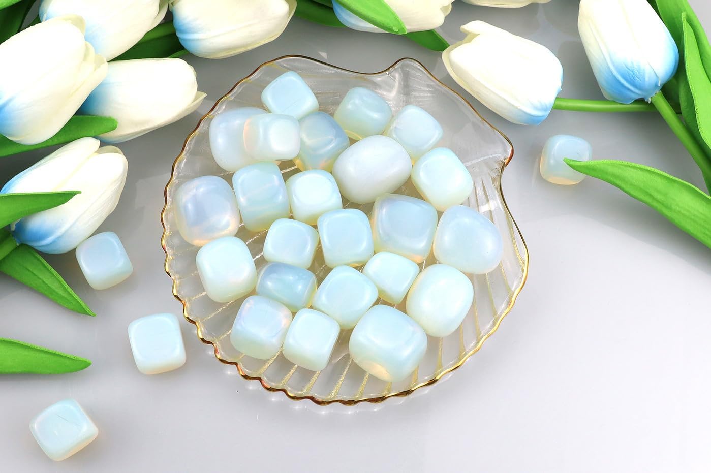 QINJIEJIE Piedras pulidas de ópalo, cristales caídos, piedras preciosas a granel, cristal curativo, juego de rocas de opalita blanca, paisaje