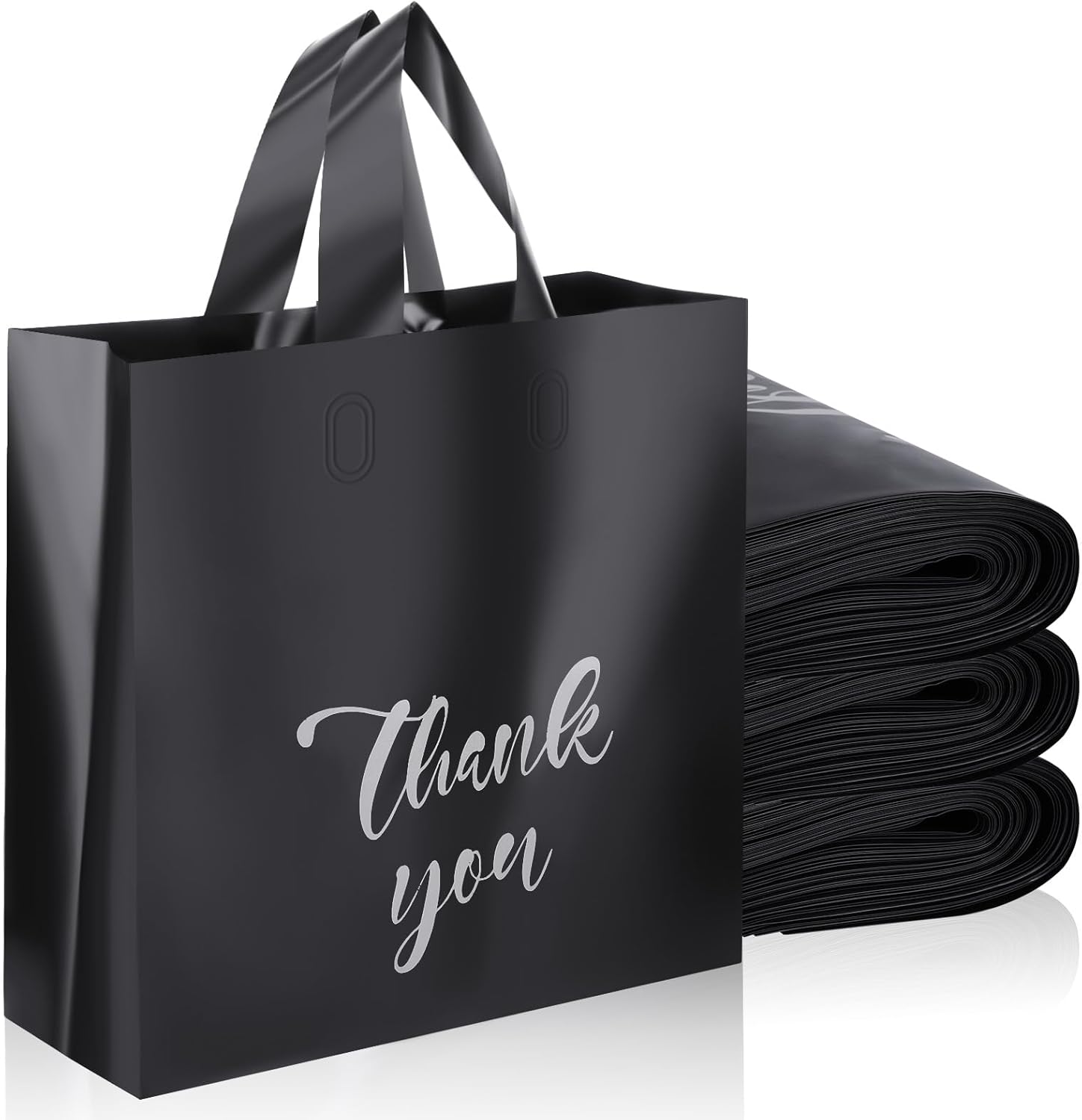 Yeaqee 100 bolsas de agradecimiento de 8 x 10 pulgadas, extragruesas con asas, bolsas reutilizables negras esmeriladas para boutique, mercancía,