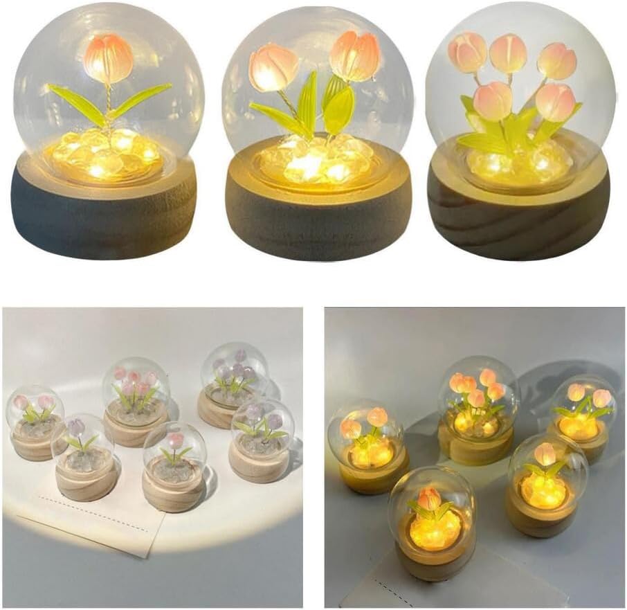 Lámpara de mesa hecha a mano con tulipán, decoración de mesita de noche, adorno de escritorio (5 flores)