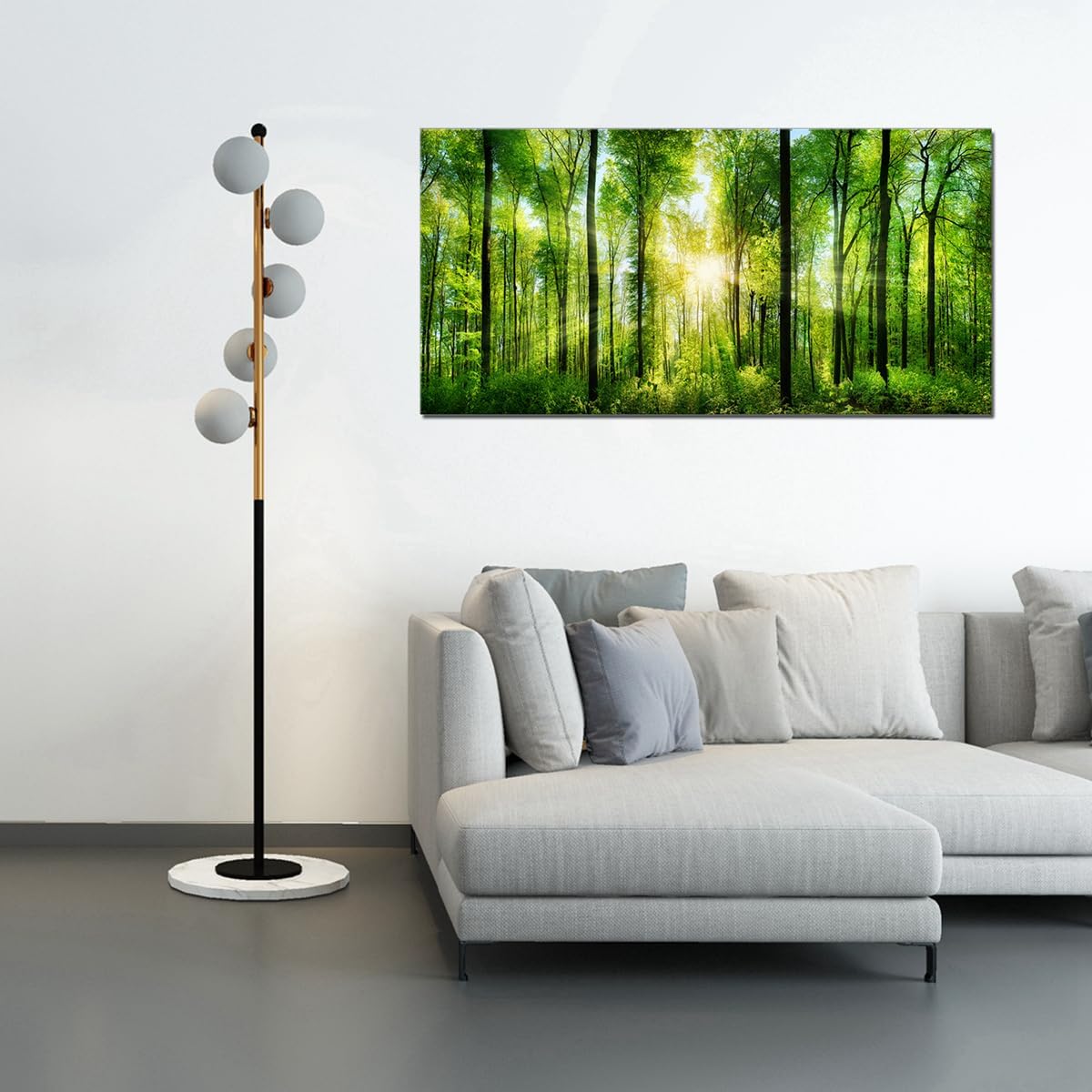 Lienzo impreso para pared, decoración del hogar, amanecer por la mañana, árboles verdes, paisaje, sol sobre bosque, imagen realismo, rústico,