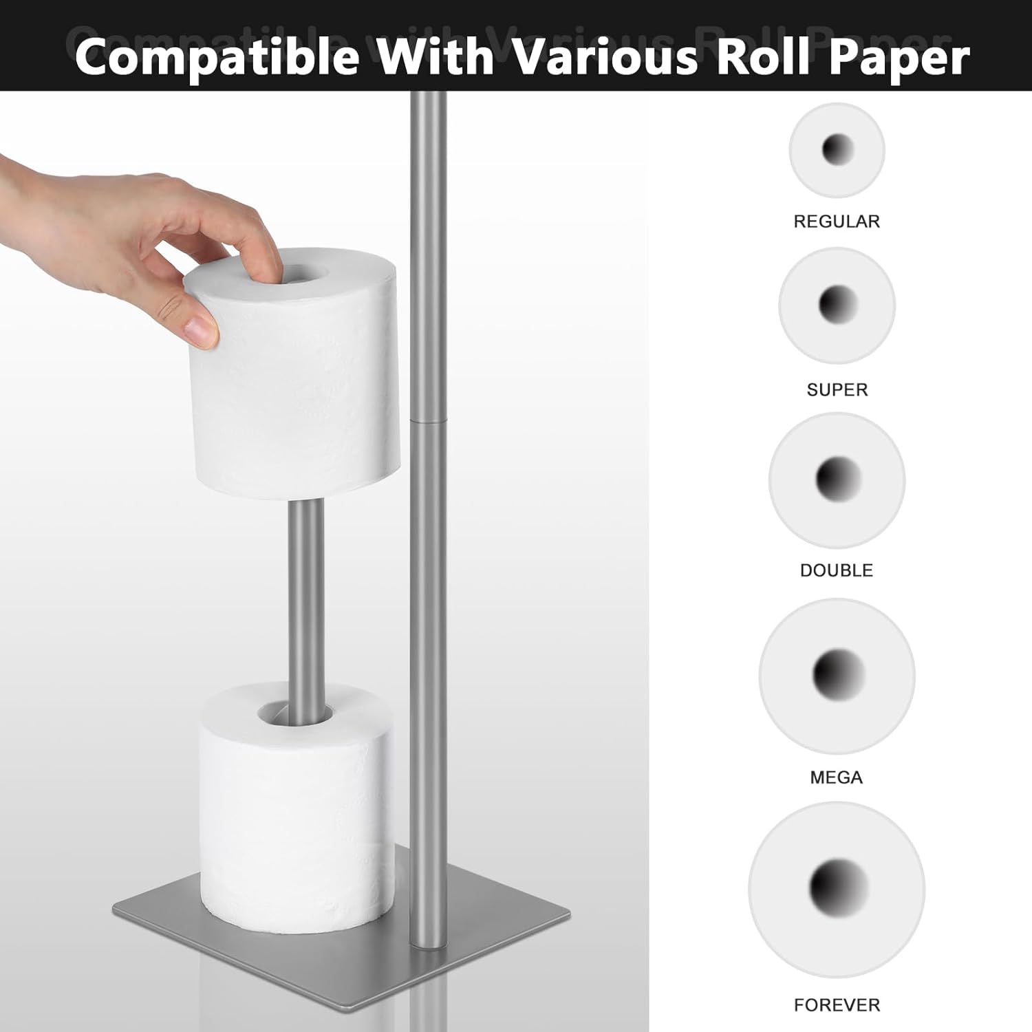 Soporte de papel higiénico plateado para baño, soporte de papel higiénico independiente con estante de almacenamiento de papel higiénico de reserva,