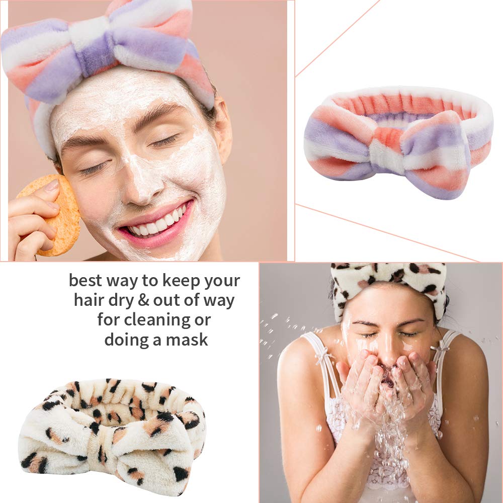 WHAVEL Paquete de 6 diademas de spa, diademas de microfibra con pajarita, diadema de maquillaje facial, diadema elástica suave con lazo para el