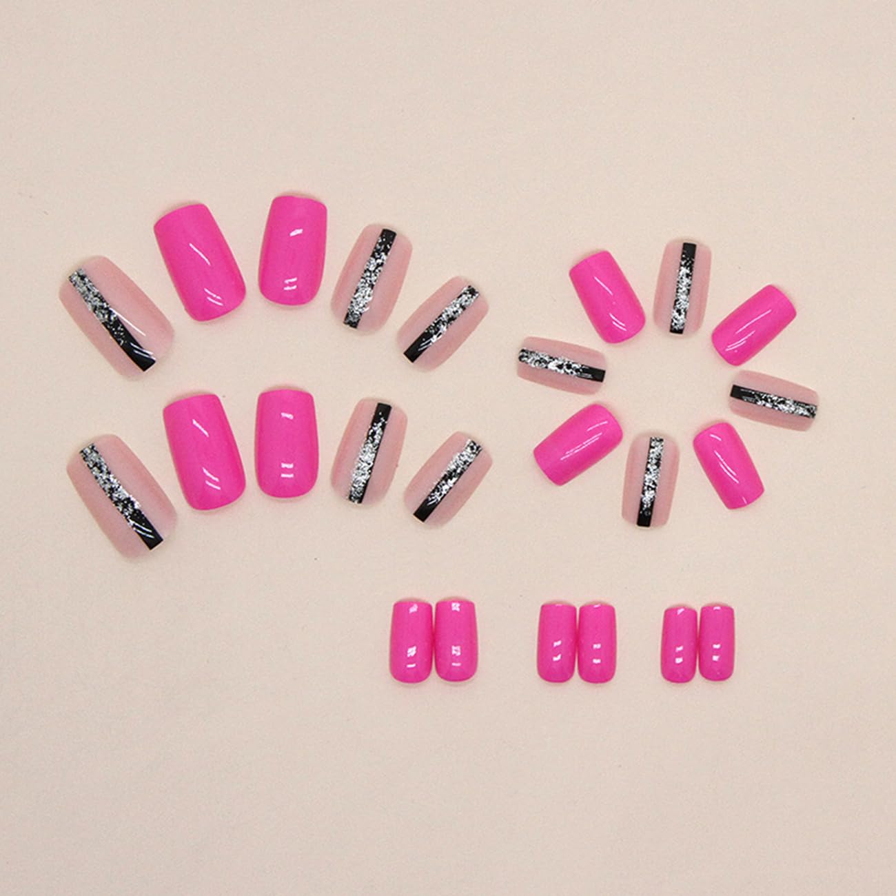 24 uñas postizas a presión, color rosa brillante con diseños, uñas postizas de cobertura completa, uñas postizas de acrílico artificiales, uñas