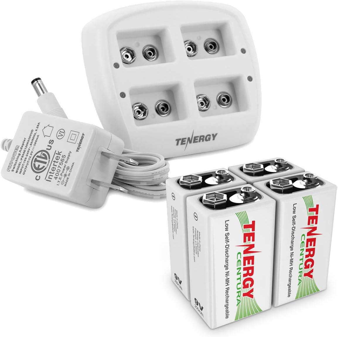Tenergy TN136 9V Cargador de batería 4 ranuras con 200mAh Centura (LSD) 4 unids NiMH baterías recargables 9V para sistema de alarma detector de humo