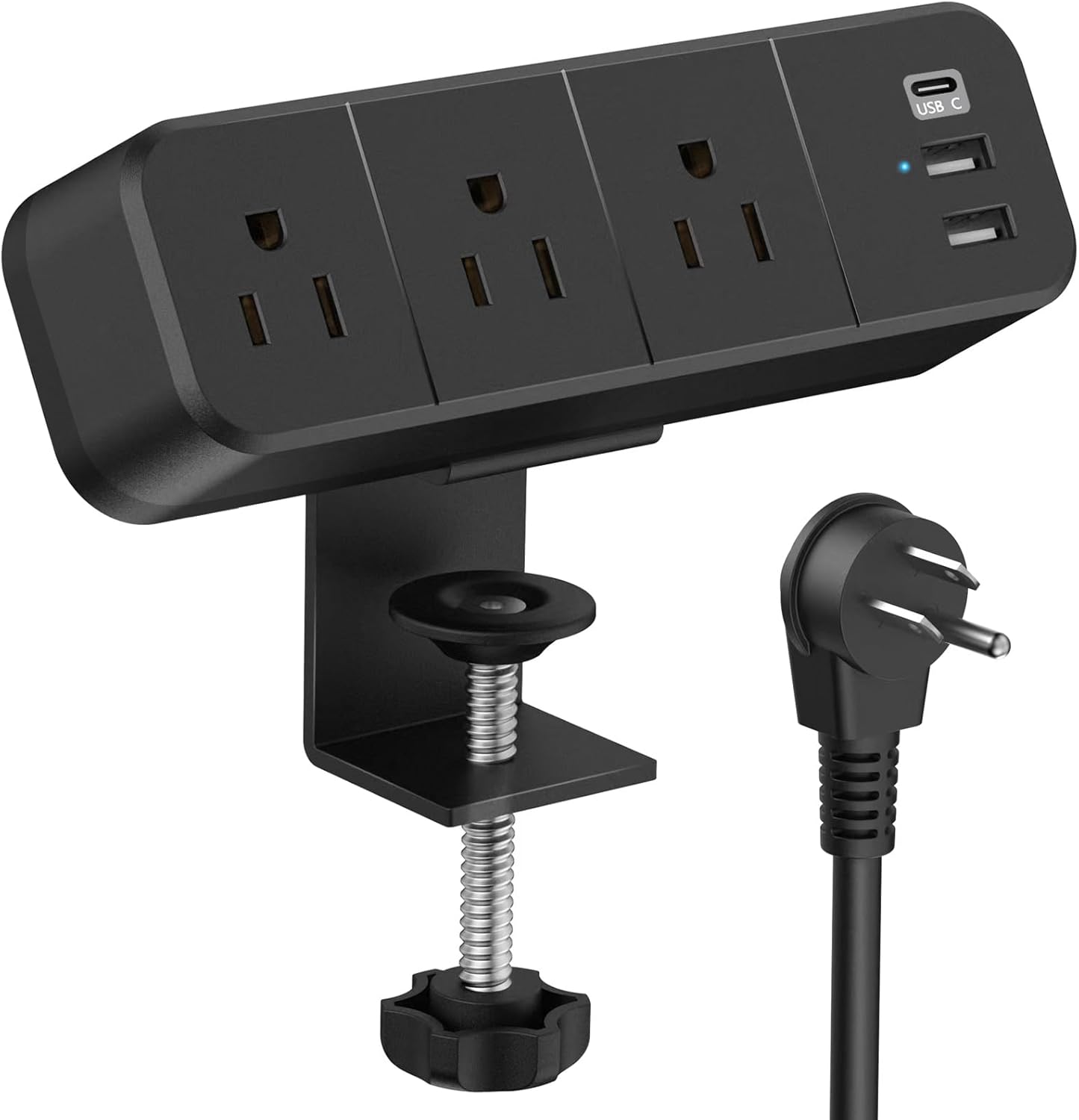 Regleta de alimentación con abrazadera de escritorio con 2 puertos USB-A y 1 USB-C, 3 salidas de CA, cable de 6 pies, se adapta a borde de mesa de