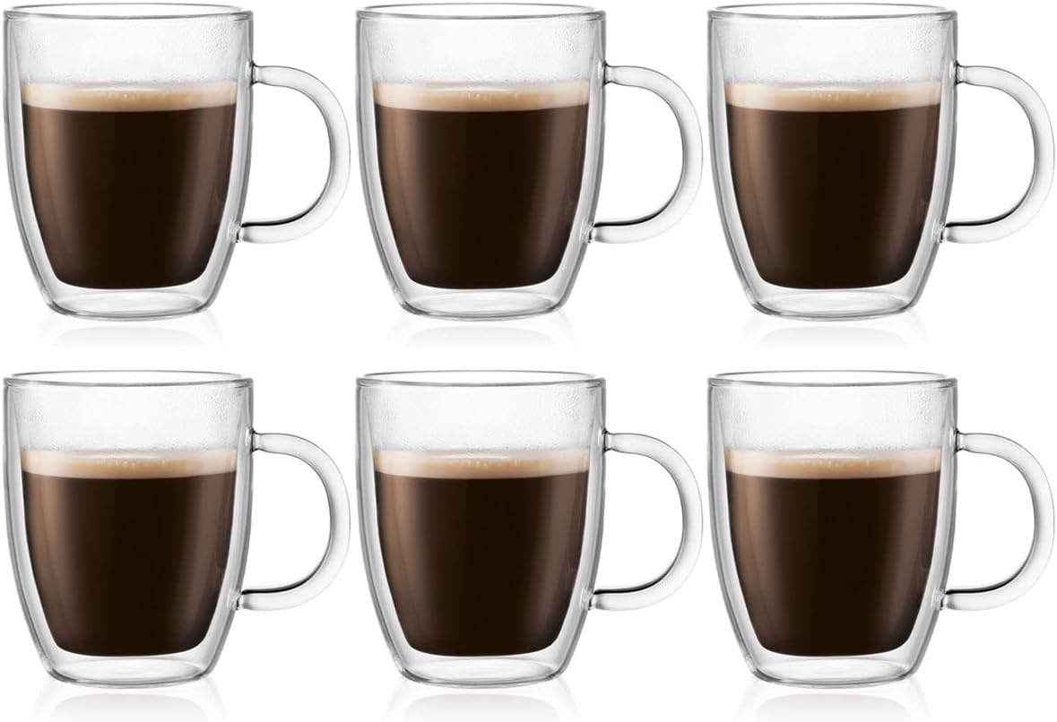 Bodum Bistro – Taza de café, 10 onzas (paquete de 6), transparente y 4559-10-12US Bodum Pavina – Vasos con aislamiento de doble pared, 12 onzas