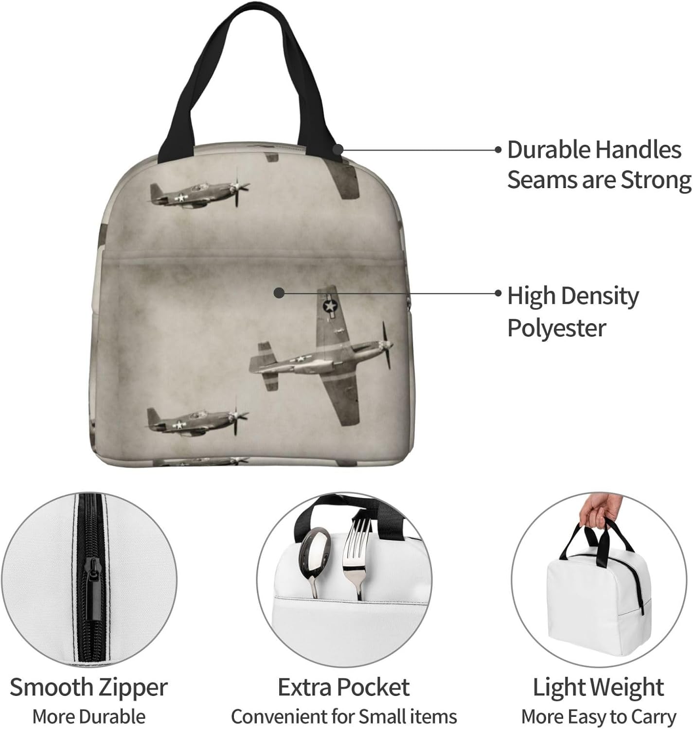 Bolsa de almuerzo con estampado de aviones de la Segunda Guerra Mundial, bolsas de almuerzo aisladas para mujeres y hombres, lonchera reutilizable