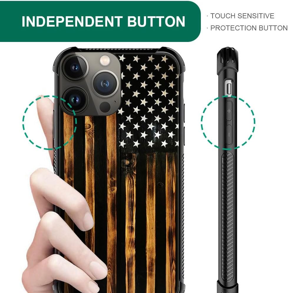 DJSOK Funda compatible con iPhone 15 Pro Max, funda clásica de grano de madera con bandera antigua para iPhone 15 Pro Max, funda para hombre y niña,
