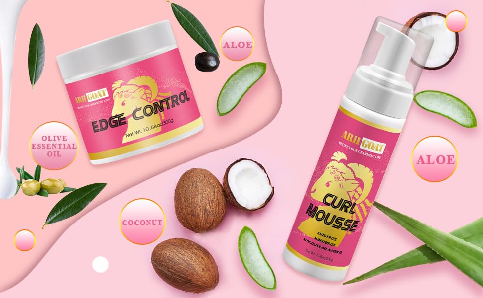 10.58oz Perfect Edge Control con Natural 7.06oz Hair Mousse Set Aloe para peinar el cabello rizado, gel de borde de aceite de oliva de espuma para