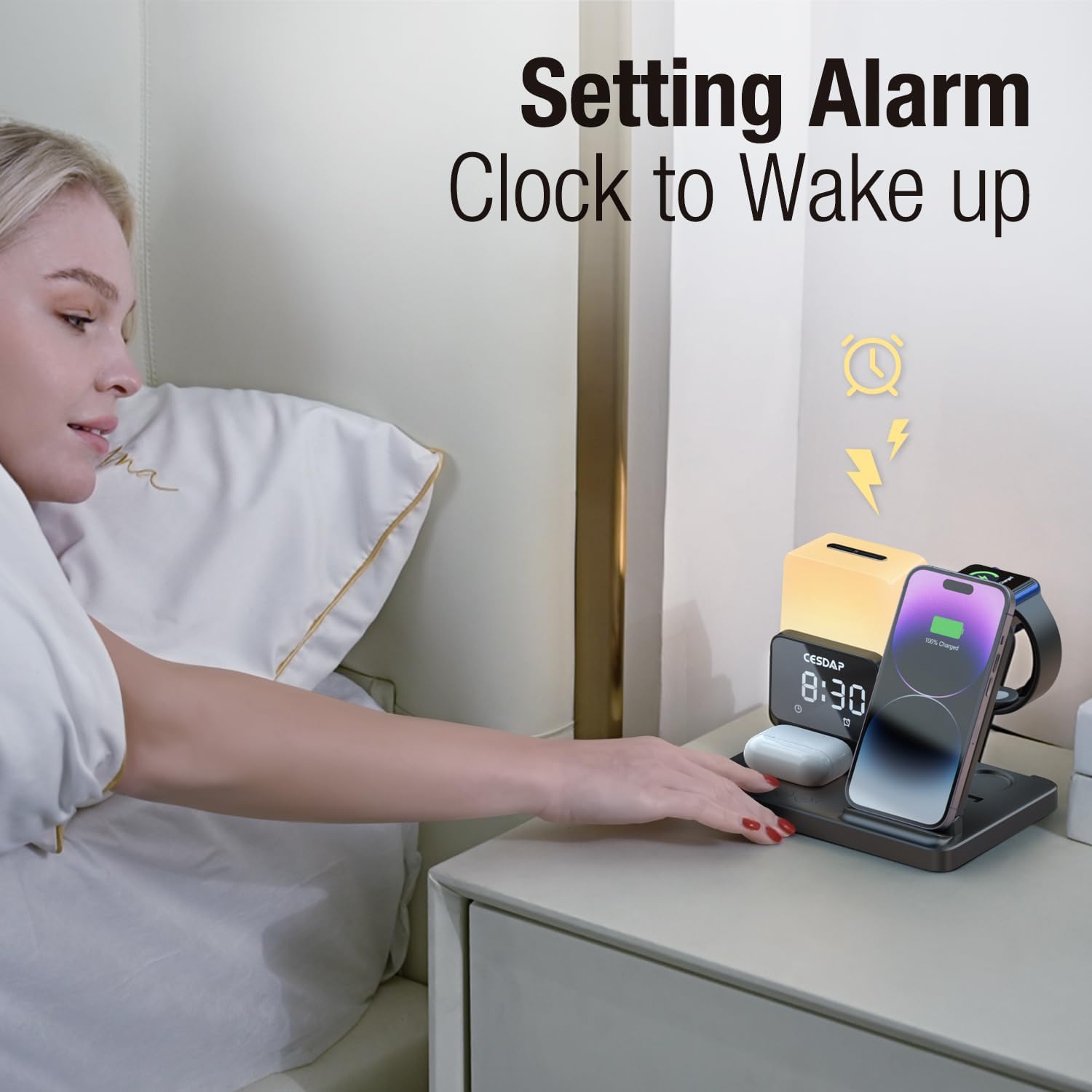 C3 Pro – Estación de carga plegable 6 en 1 para múltiples dispositivos con luz de reloj despertador, cargador de 18 W para iPhone 1514131211 para