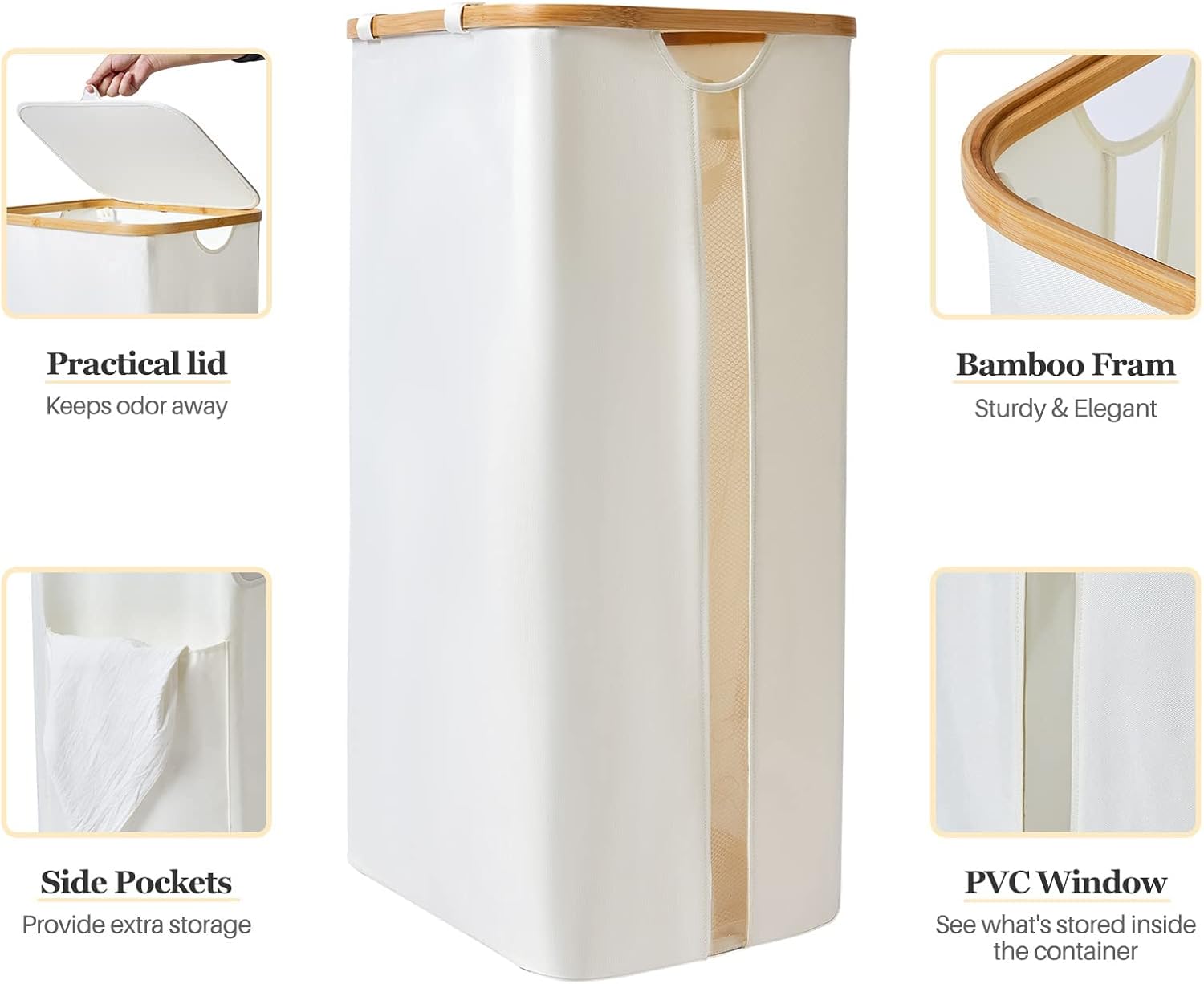 Cesta de lavandería con tapa, cesta grande de lavandería de 100 litros, cesta de ropa con ventana transparente visible, bolsas de lavandería