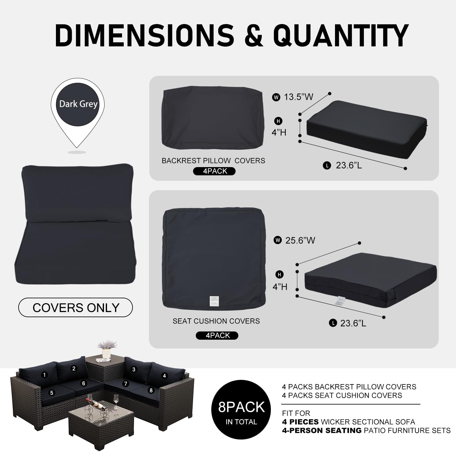 ClawsCover Juego de 8 fundas de repuesto para asientos y respaldos para exteriores, 4 piezas, mimbre de 4 plazas, muebles de patio, sofá modular con