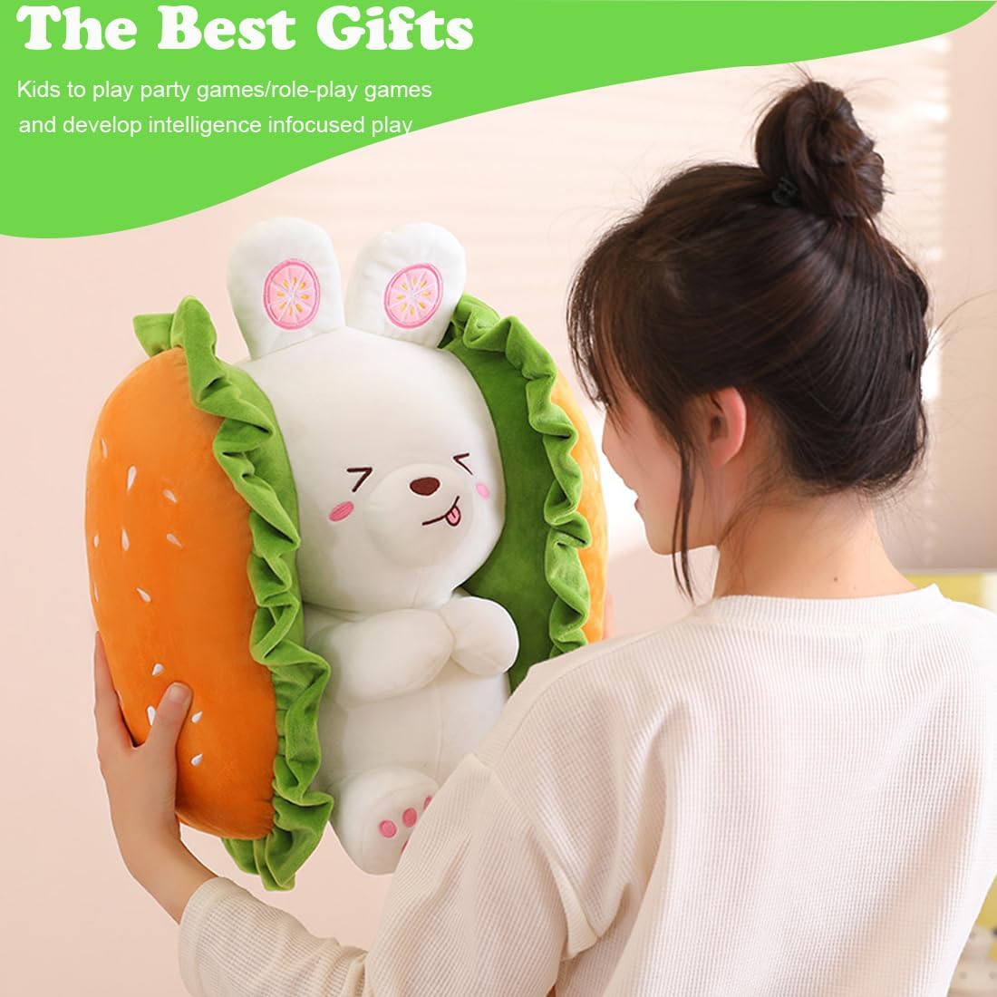 ELAINREN Juguete de peluche de conejo de hamburguesa, linda almohada de peluche de conejito de comida suave, muñeca de peluche de conejo blanco,
