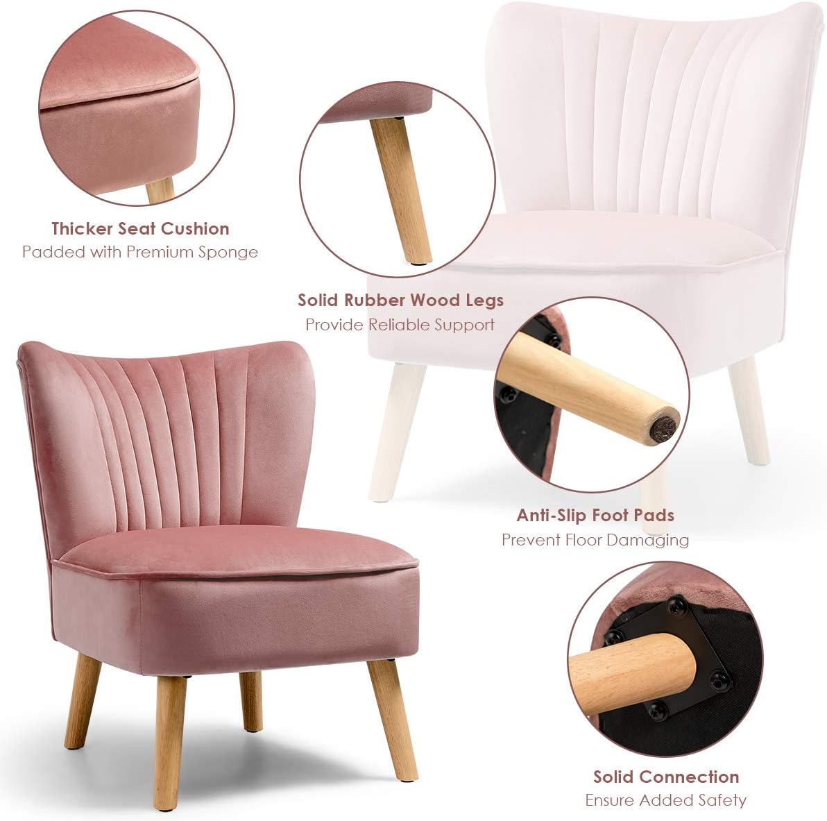 Giantex Silla decorativa de terciopelo, moderna silla tapizada con patas de madera, acolchada gruesa, sillas pequeñas sin brazos para sala de estar,
