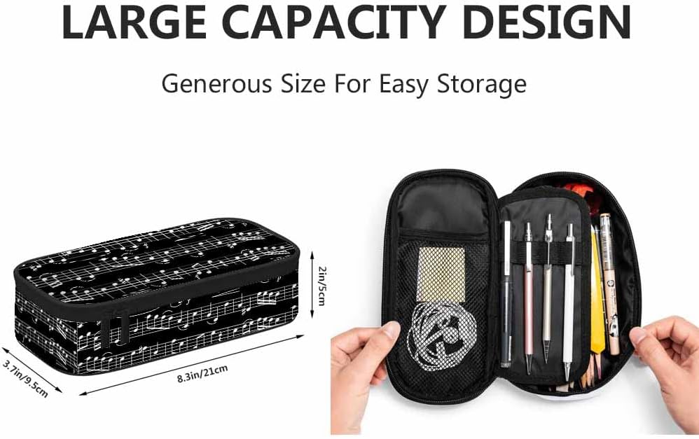 Estuche para lápices de notas musicales, gran capacidad, bolsa de maquillaje para oficina, universidad, color blanco y negro