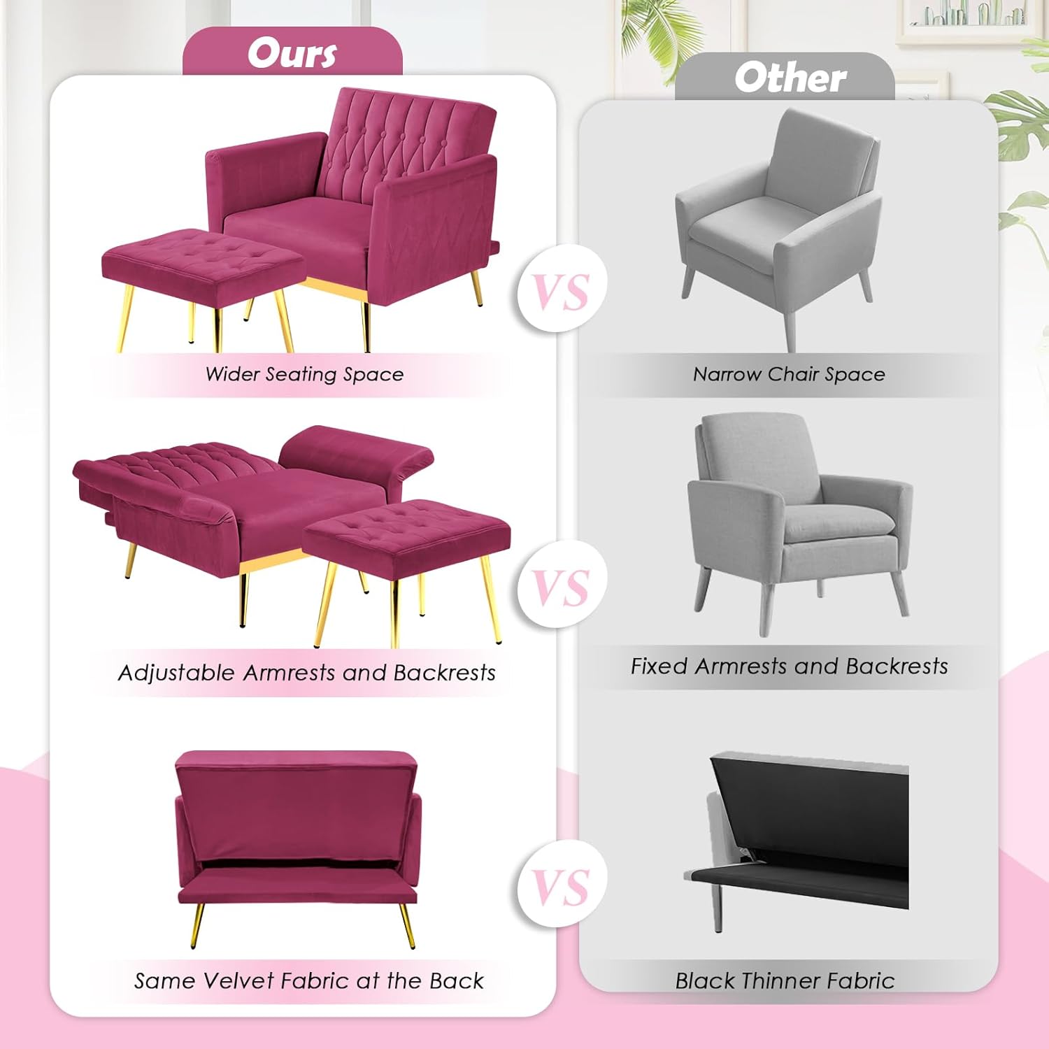 Silla decorativa de terciopelo con respaldo y reposabrazos ajustables, sillón reclinable individual con otomana y patas mentales doradas para sala