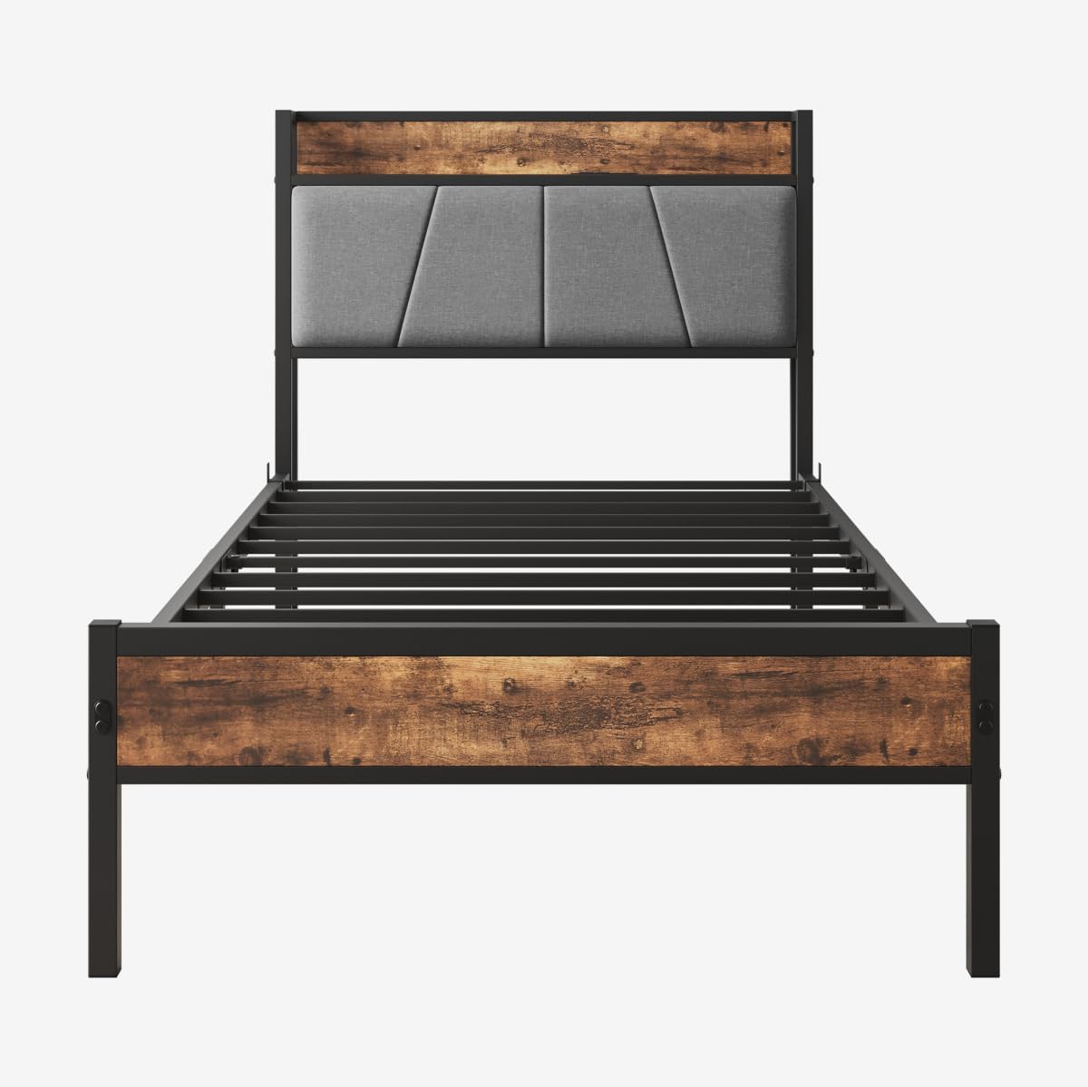 Base de cama de metal resistente tamaño individual con cabecera de almacenamiento tapizada y estación de carga, no necesita somier, fácil montaje,