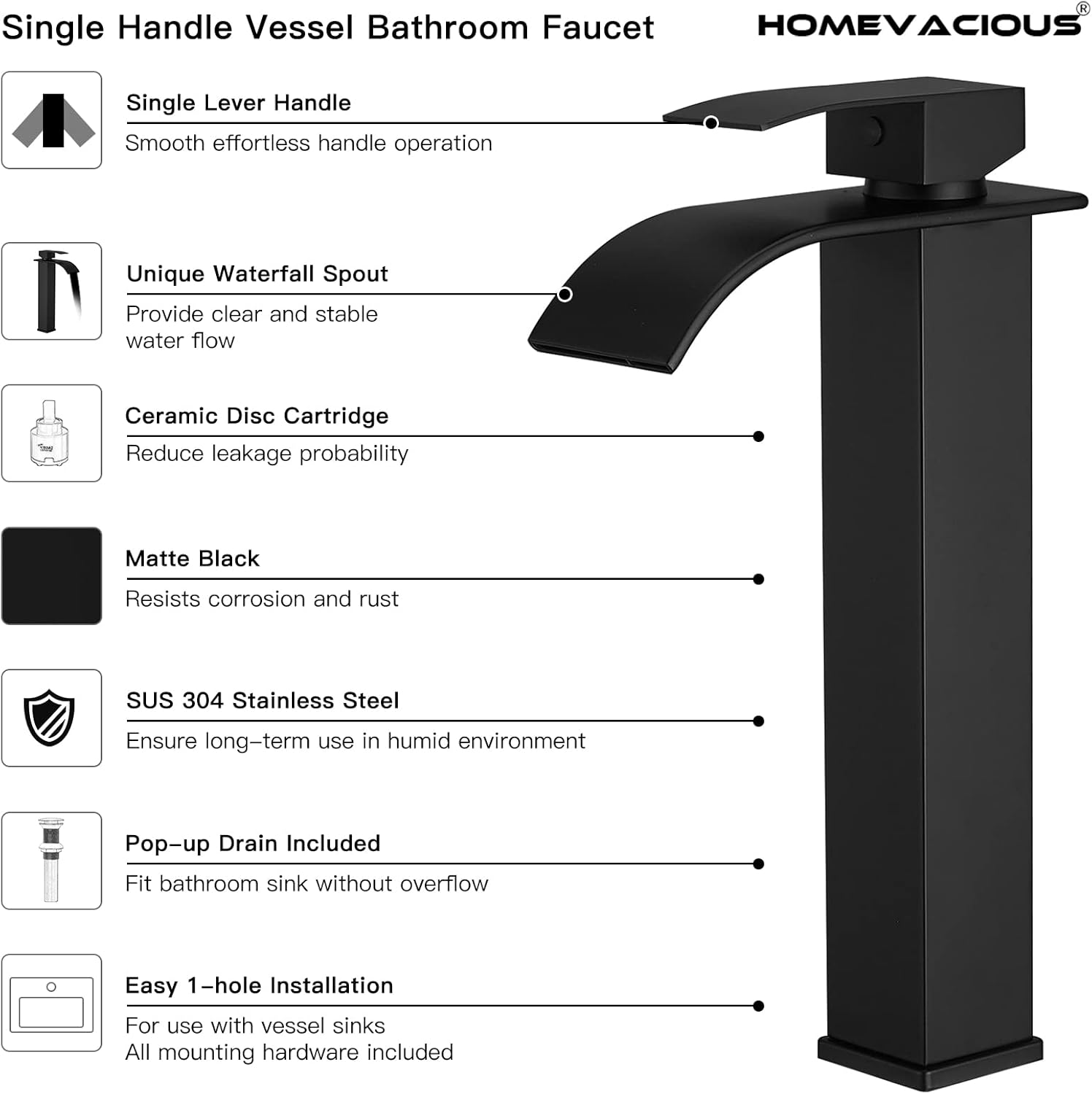 Homevacious Grifo de fregadero de cascada negro mate, mango único, fácil de usar